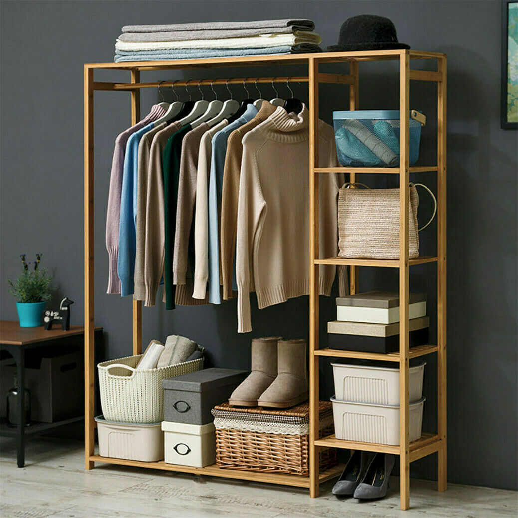 Bamboo Wood Garment Rack Clothes Hanging Stand Shoe Coat Storage Organizer Shelf