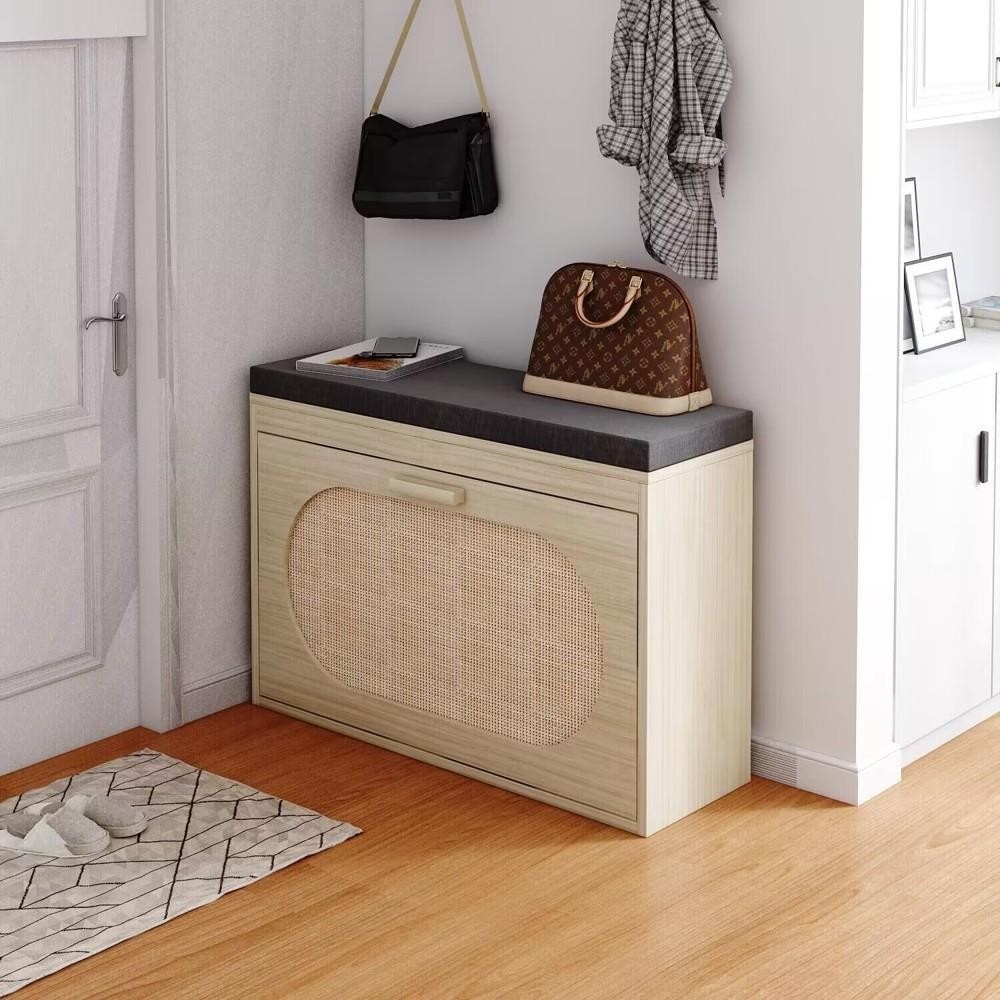 2 Tiers Rattan Shoe Storage Rack Bench Entryway Bench Shoe Cabinet for Hallway