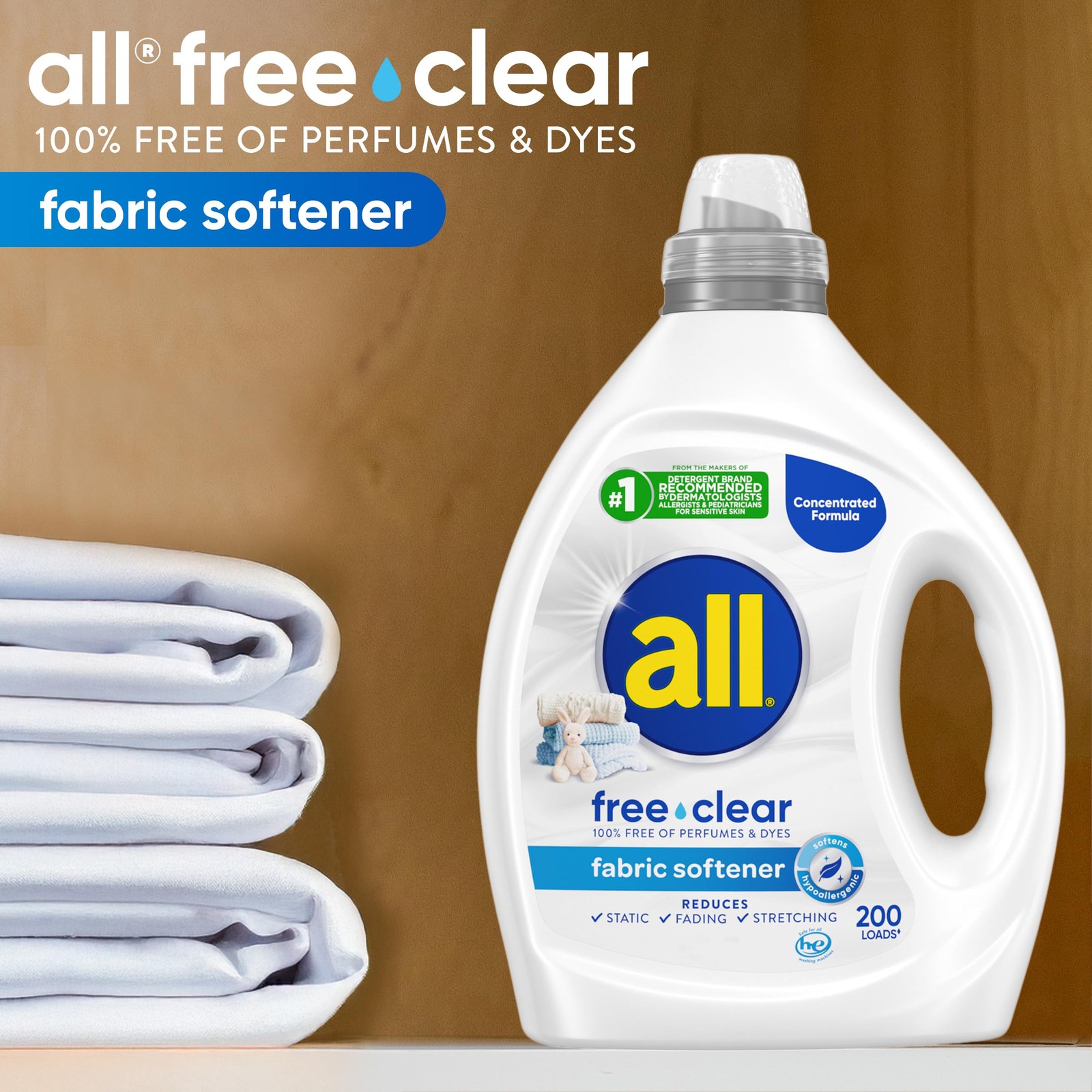 All Free Clear Liquid Fabric Softener for Sensitive Skin, 80 Oz, 200 Loads