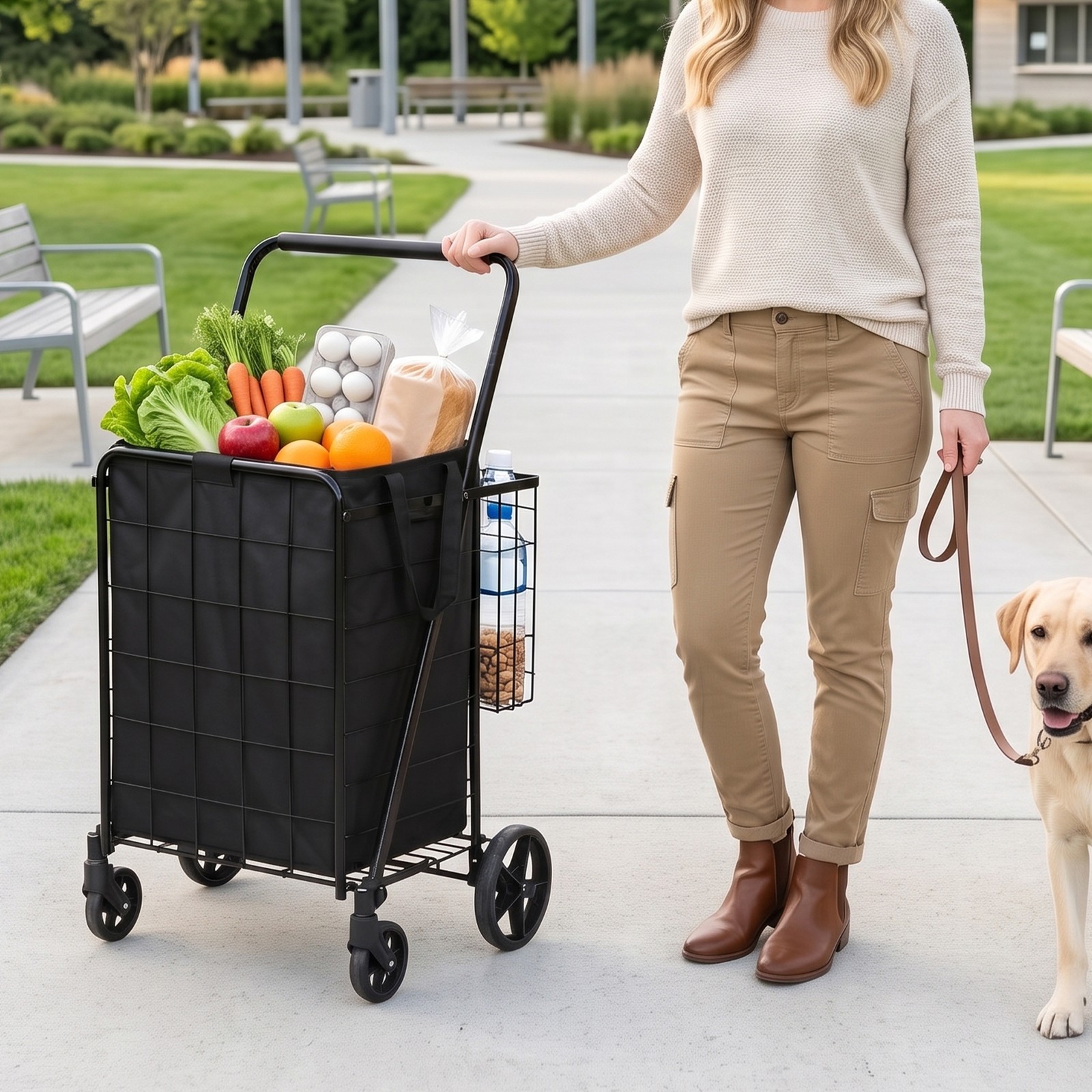 Collapsible Rolling Grocery Cart 88LB Load Capacity w/ Oxford Cloth Liner Black