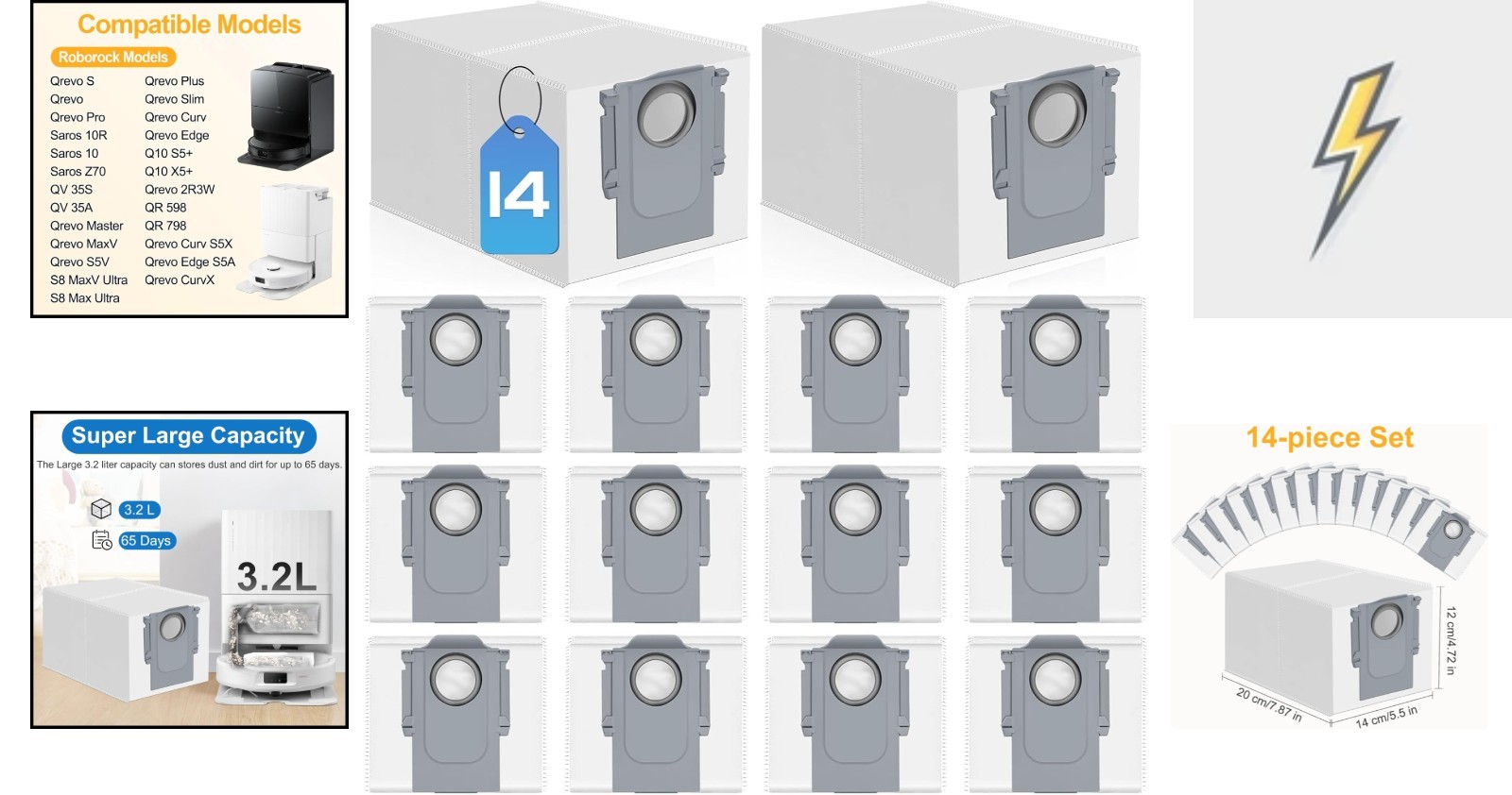 Anti-Leak QV 35A 14-Pack Dust Bags for Roborock & Qrevo – Easy Surround Disposal