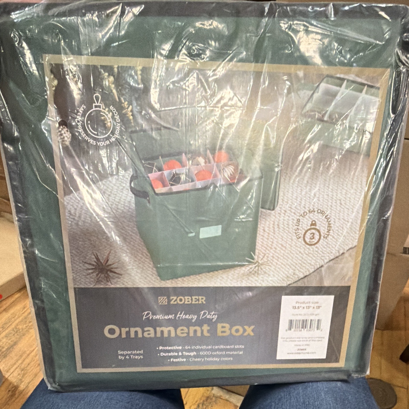 ZOBER Premium Heavy Duty Green Ornament Box 64 Compartment Handle 13.5in