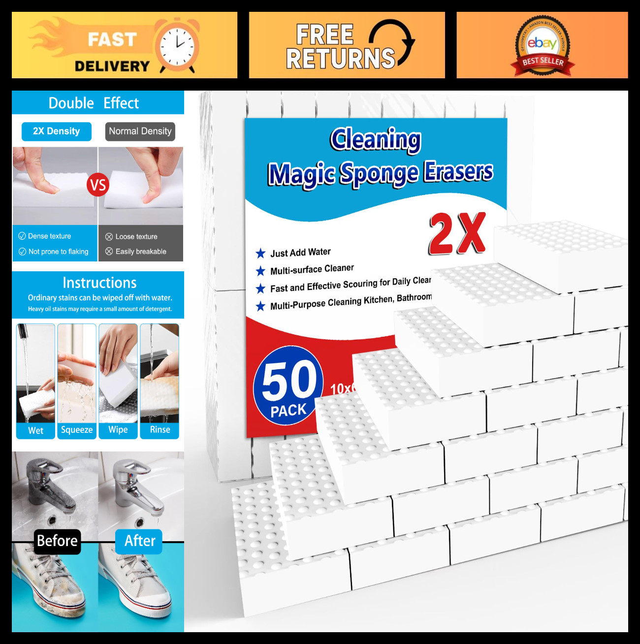 50 Pack Magic Sponge Erasers – 2X Density Melamine Foam Pads for Kitchen, Bathro