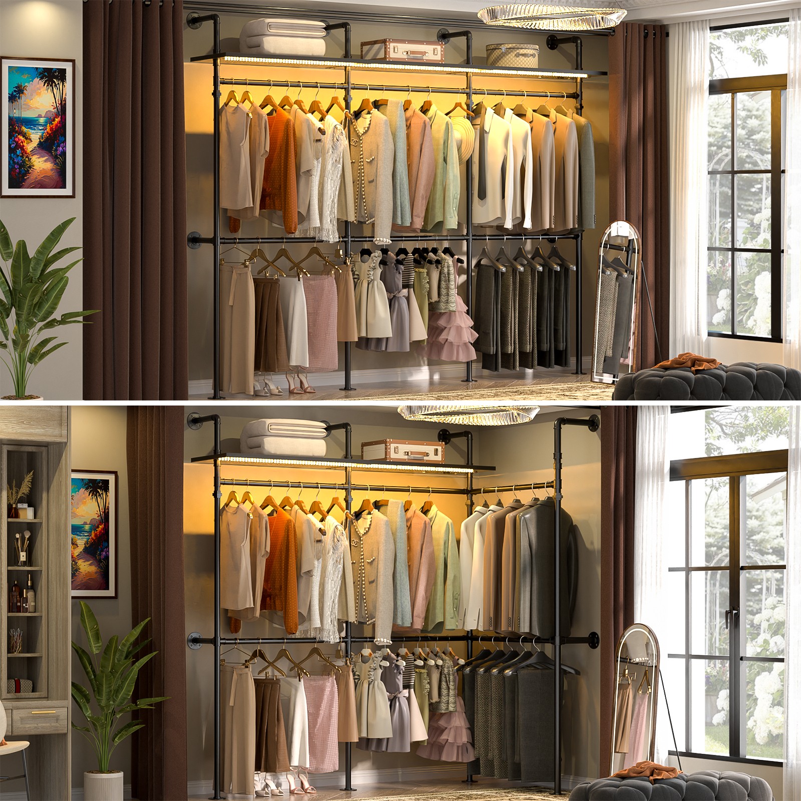 Open Box Wall Mounted Clothes Rack Industrial Pipe Closet System with LED Light
