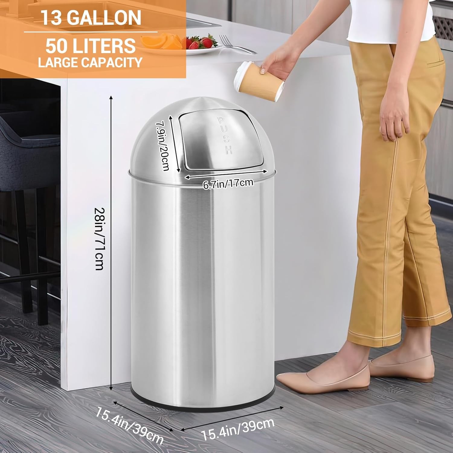 Stainless Steel Trash Can 13/18.5 Gallon, Heavy Duty Tall Garbage Bin with Push