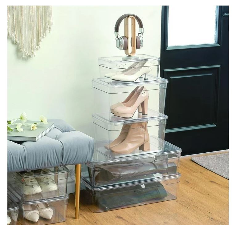 Mainstays Clear Glossy One Tier Extra Tall Shoe Box with Lid, Adult Size