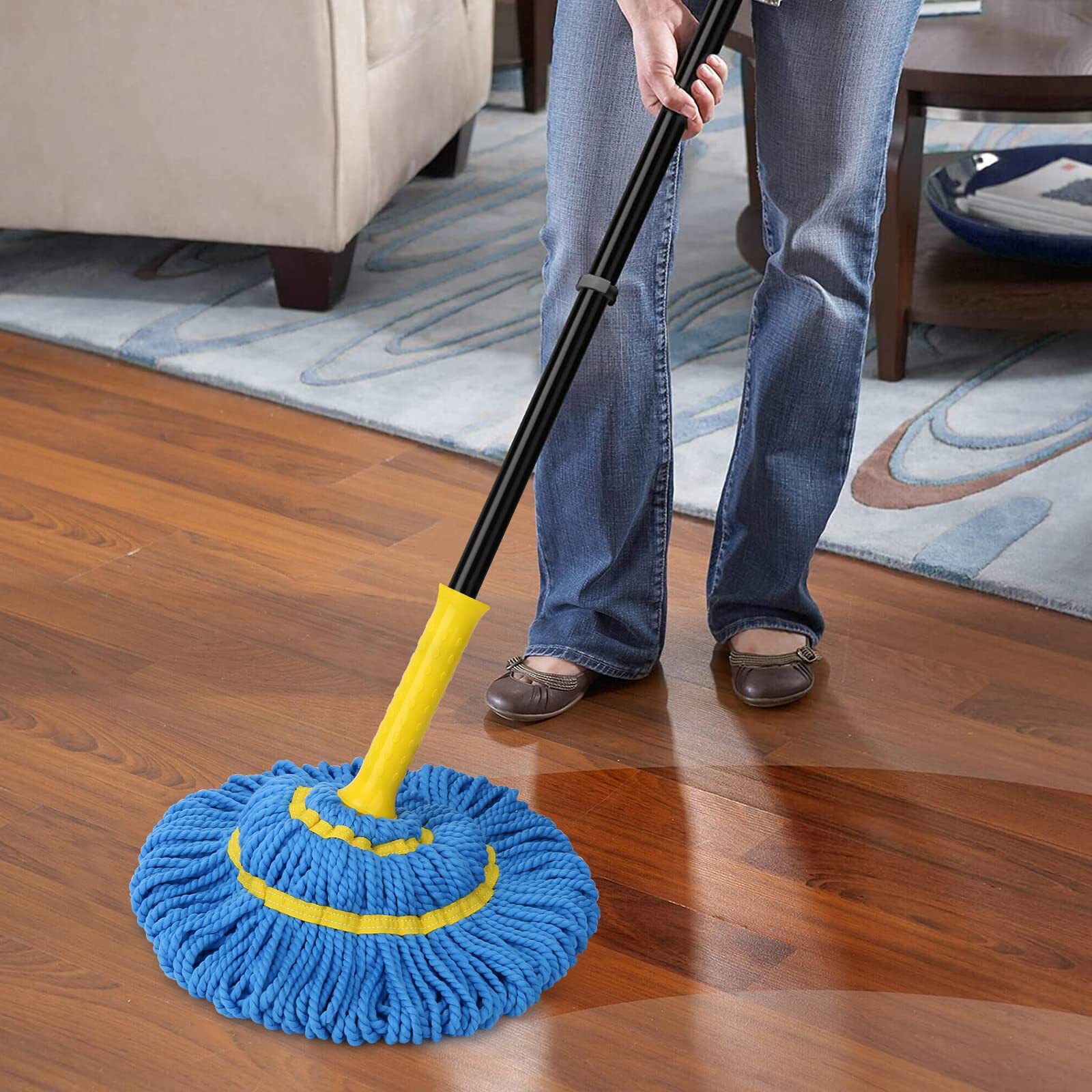 Self-Wringing Microfiber Twist Mop 57in Handle for Hardwood Household Cleaning