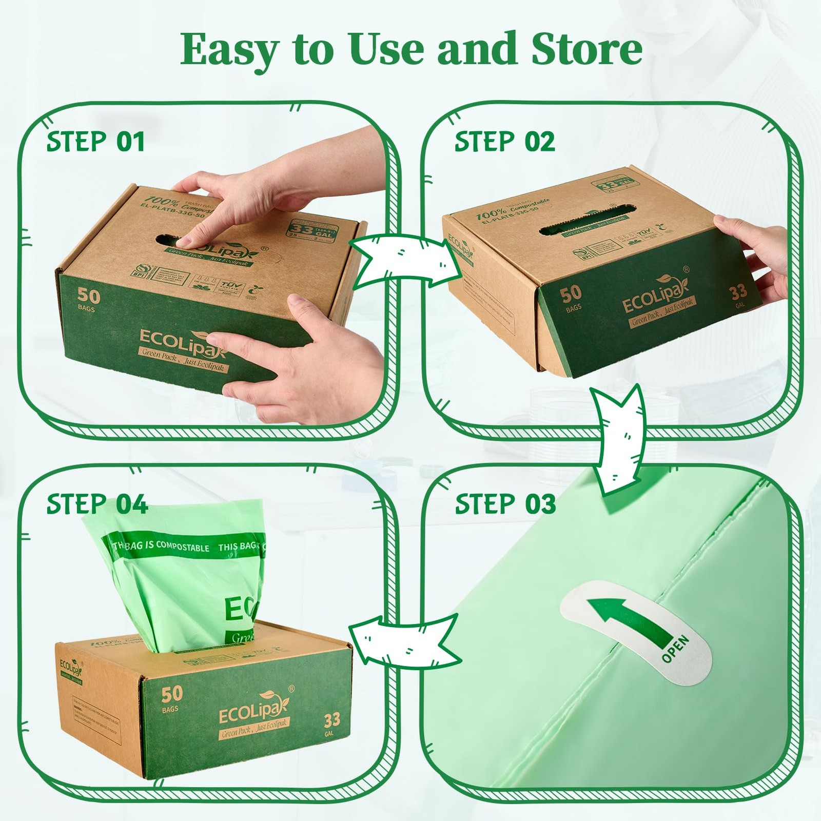 ECOLipak 33 Gallon Compostable Trash Garbage Bags, 50 Count (2 Rolls) Biodegr…