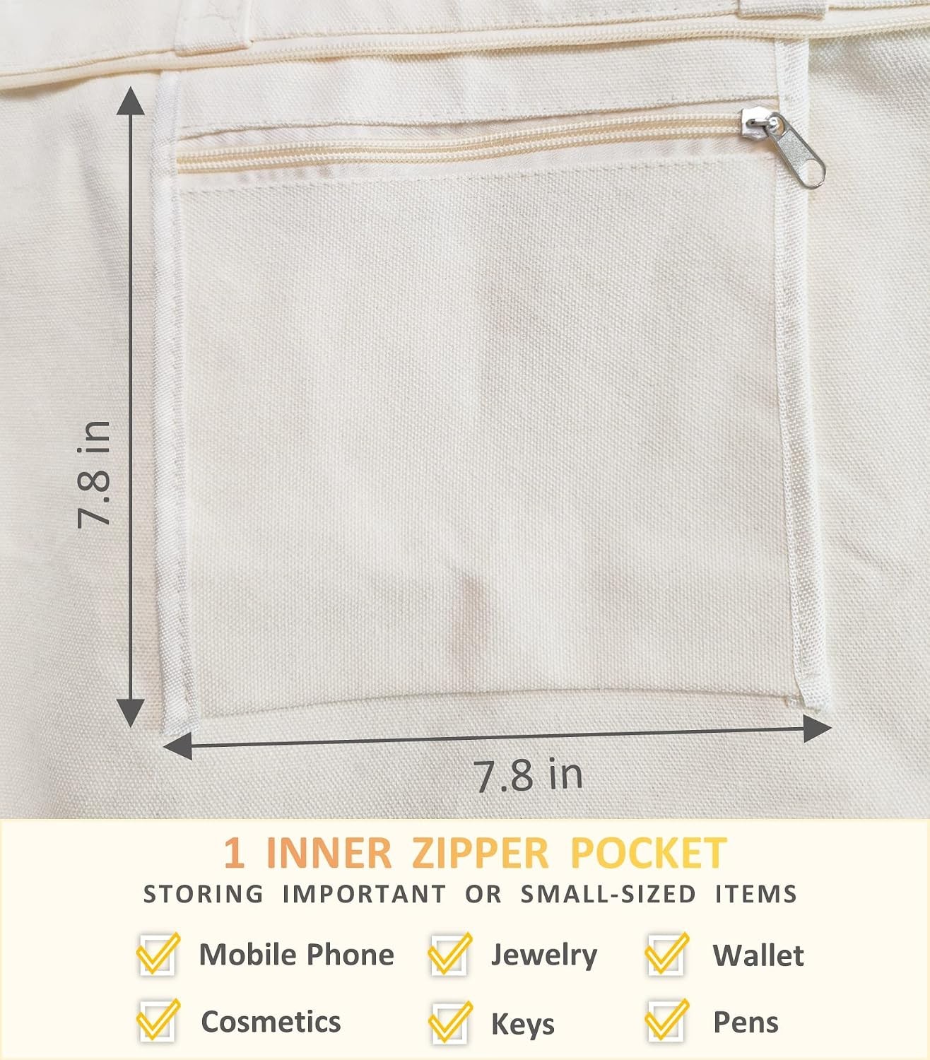 Canvas Tote Bag, Pockets, Zipper, Durable, Lightweight, Cotton Shopping Cloth
