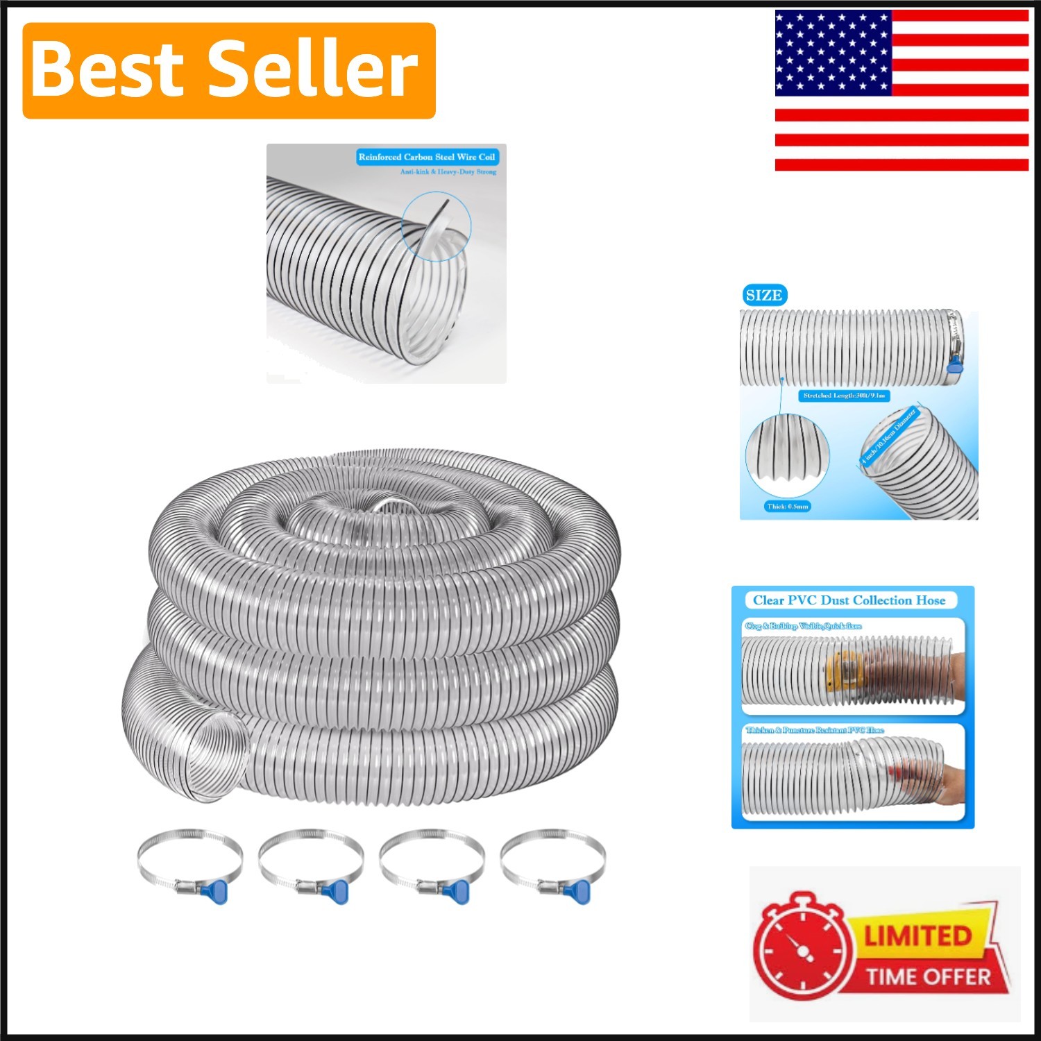 Carbon Steel Reinforced 4 Inch PVC Dust Hose for Efficient Debris Collection