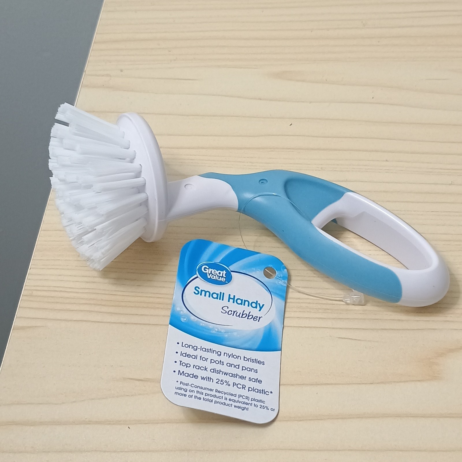 Great Value Small Handy Scrubber Brush Nylon Bristles Blue/White Dishwasher Safe