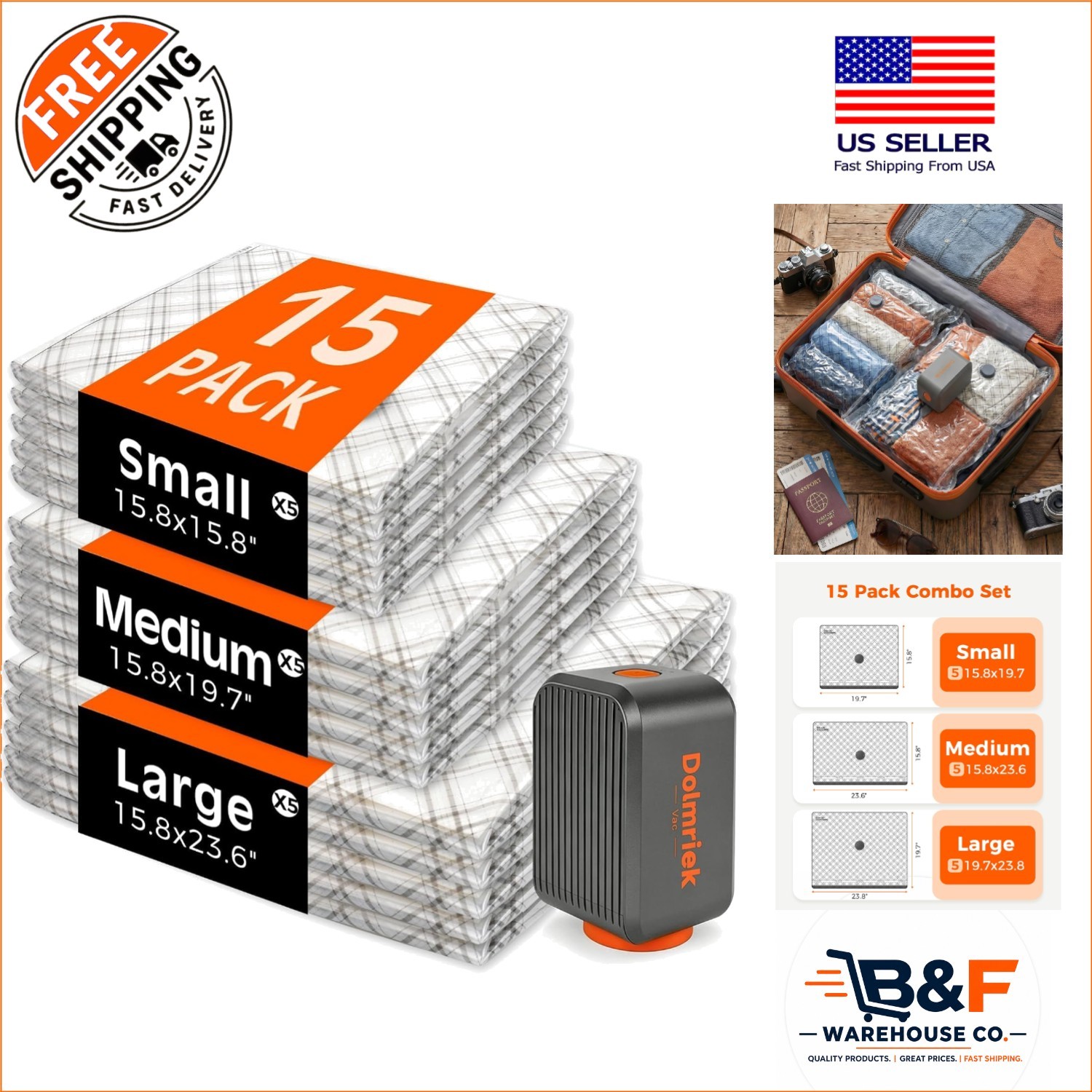 Versatile 15-Pack Travel Vacuum Bags with Rechargeable Pump – Effortless Packing