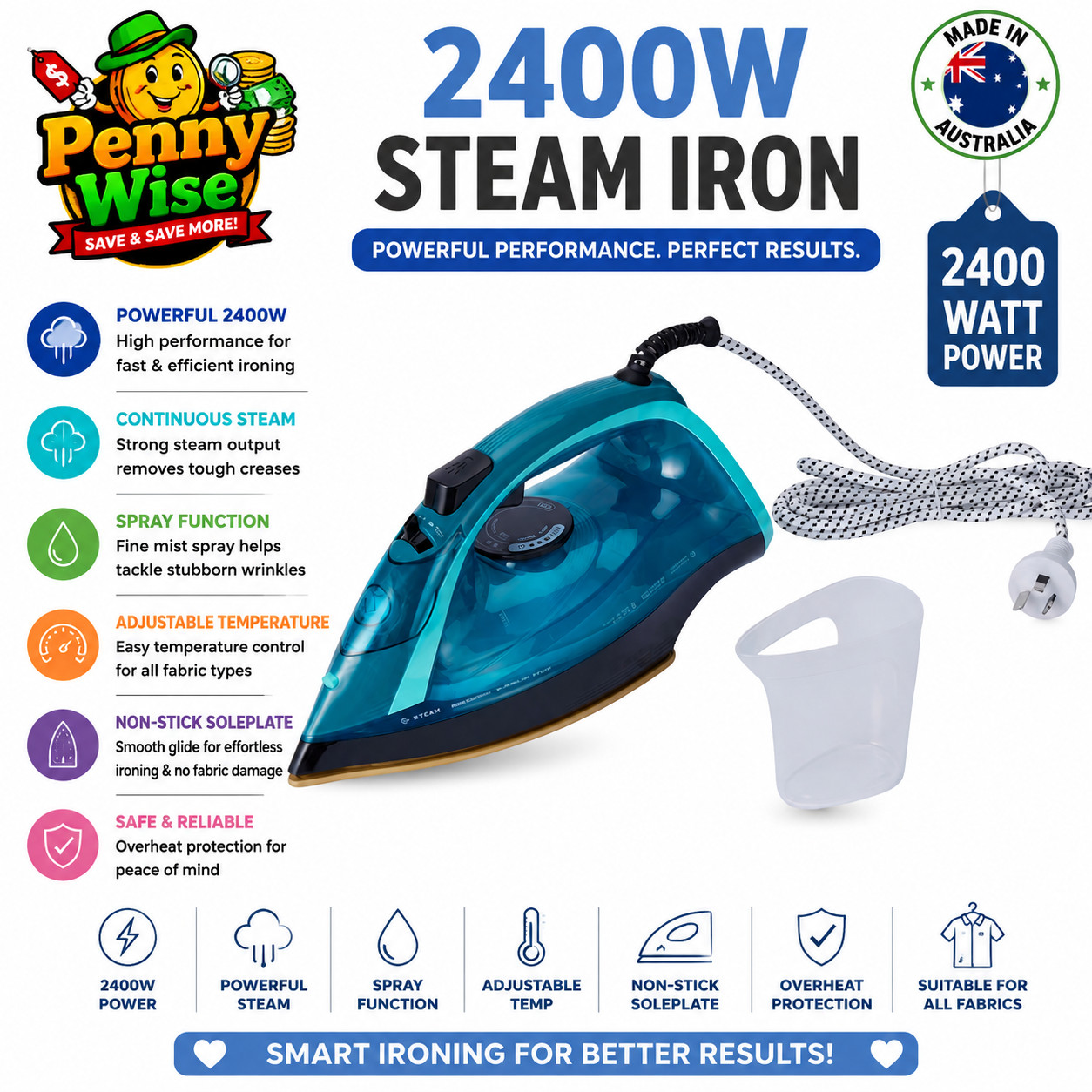 2400W Steam Iron Powerful Steam Spray Adjustable Temperature Non-Stick Soleplate