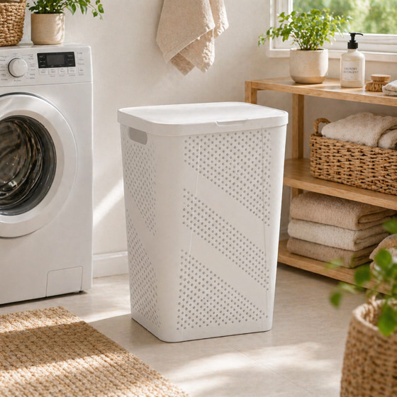 24″ Plastic Hinged-Lid Rectangle Laundry Hamper, White, Adult