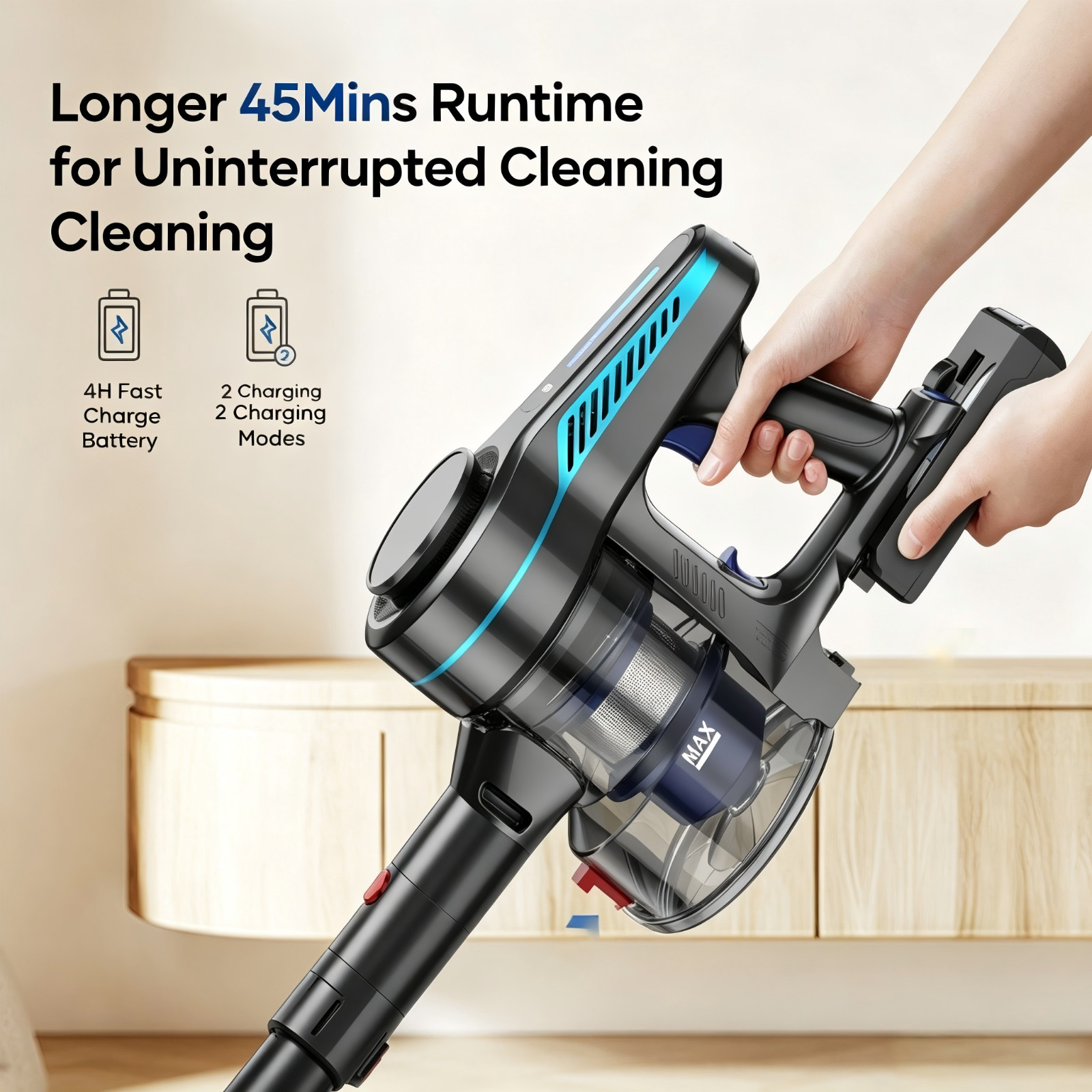 Cordless Vacuum Cleaner 65KPa Lightweight Pet Hair Carpet Hardwood Stick 1.5L