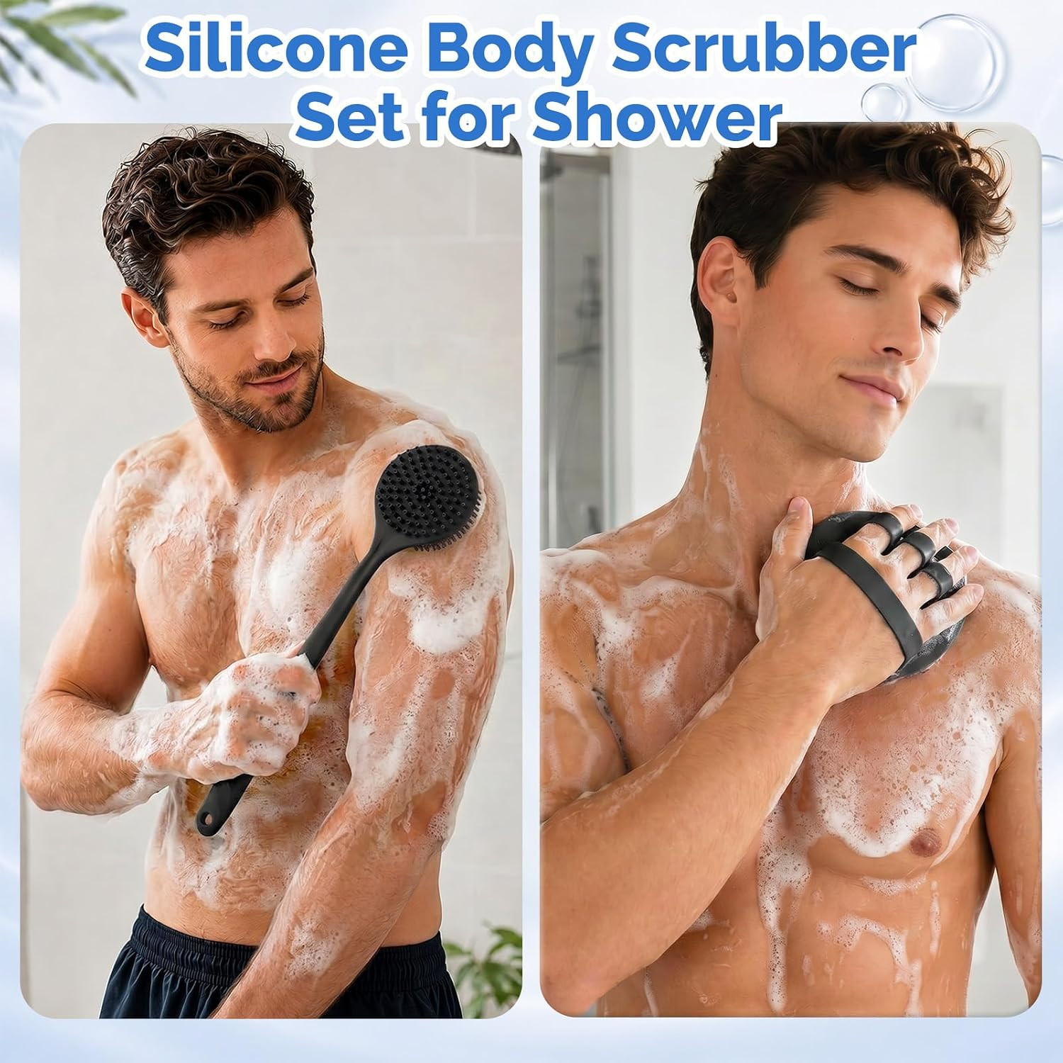 Manmihealth Silicone Back Scrubber (Thin Bristles) & Shower Face Brush Set(3Pcs)