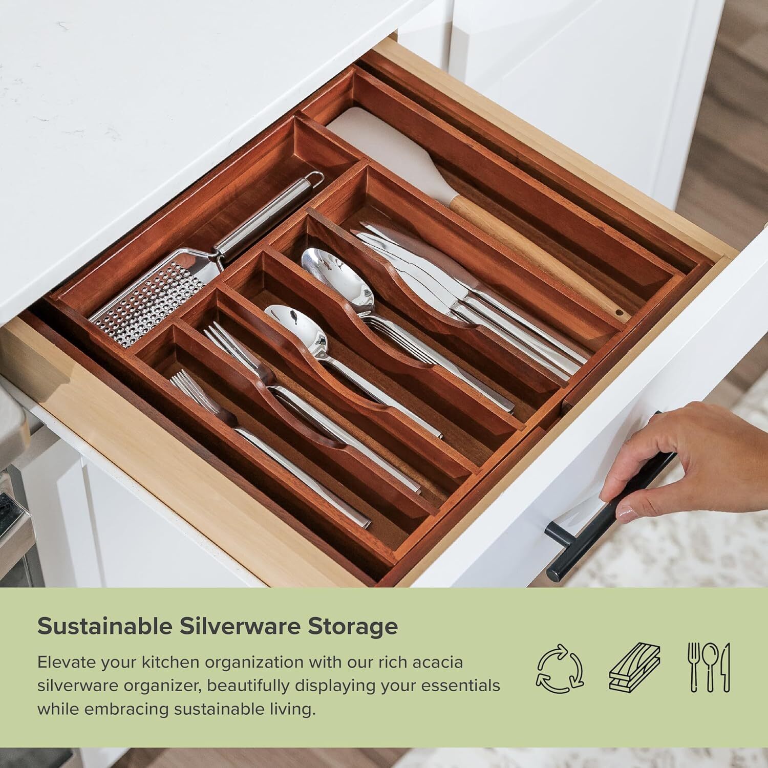 Premium Silverware, Flatware and Utensil From 14″ to 25″ wide, Natural Acacia