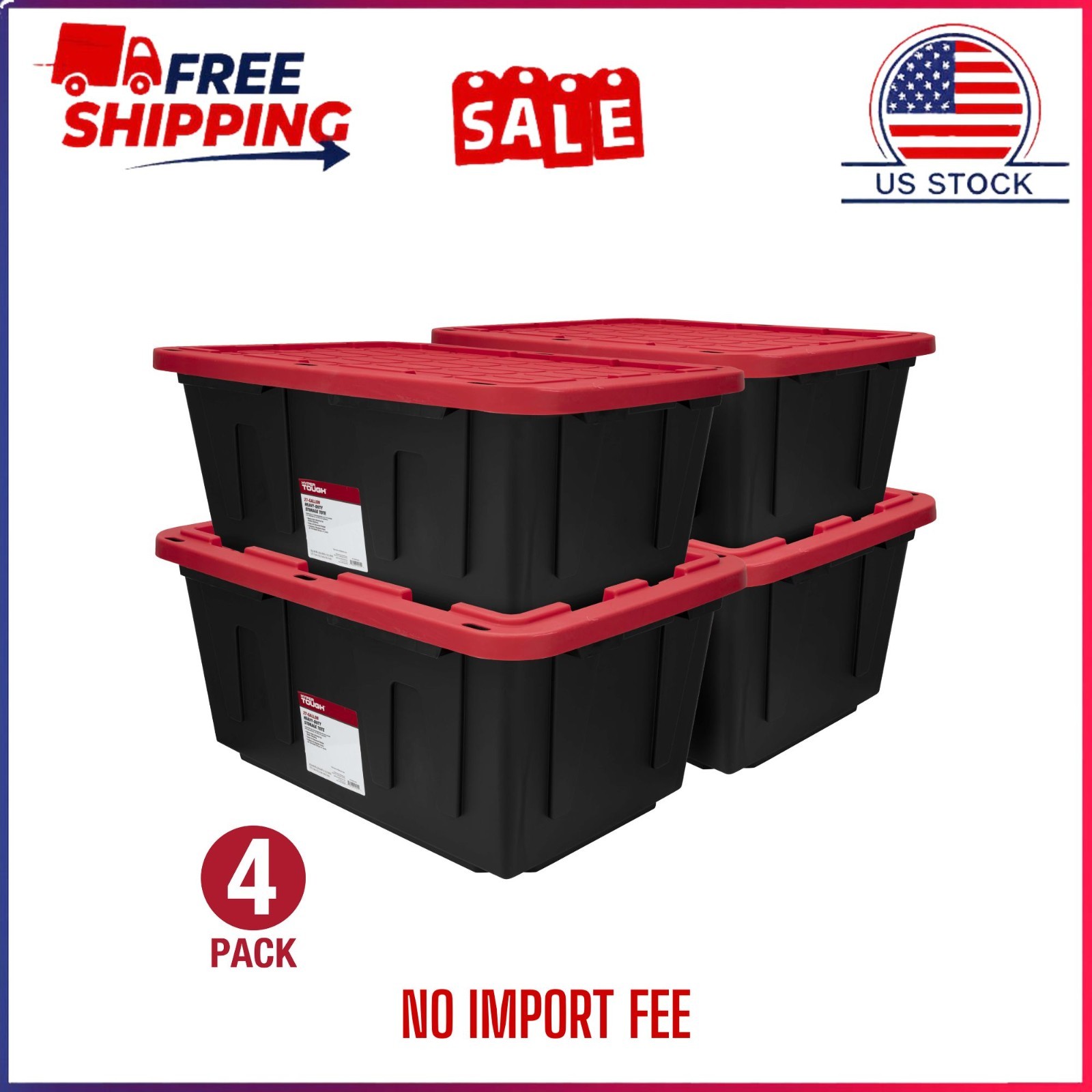 (4 Pack) Hyper Tough 27 Gallon Storage Bin Snap Lid Heavy Duty Plastic Black Red