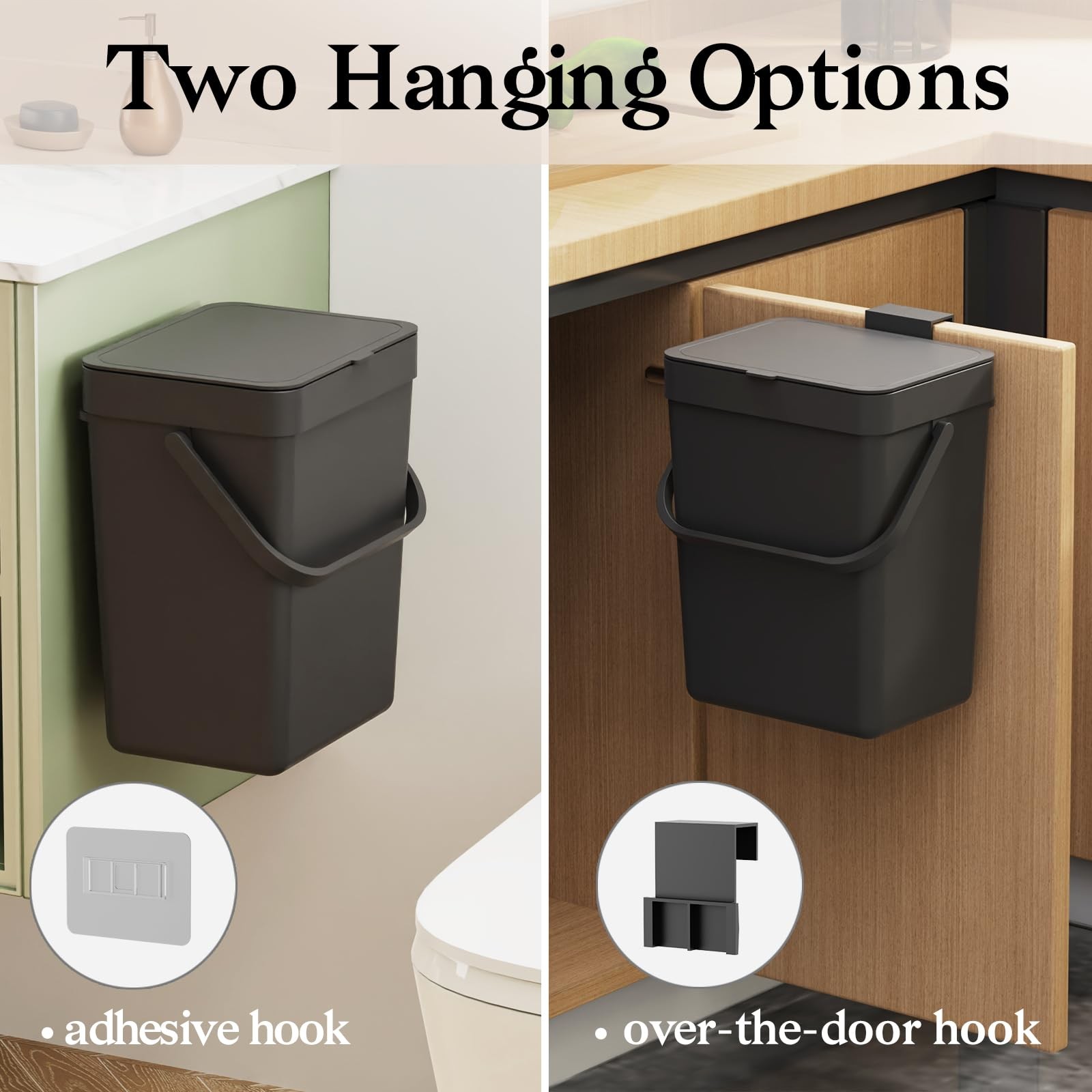 1.3 Gal 5L Countertop Compost Bin Hanging Trash Can Lid Under Sink Mount Black