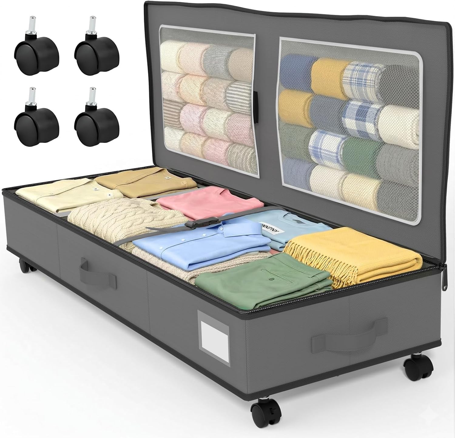 Under Bed Storage Bin With Wheels 70L Rolling Organizer Clothes Toys Grey