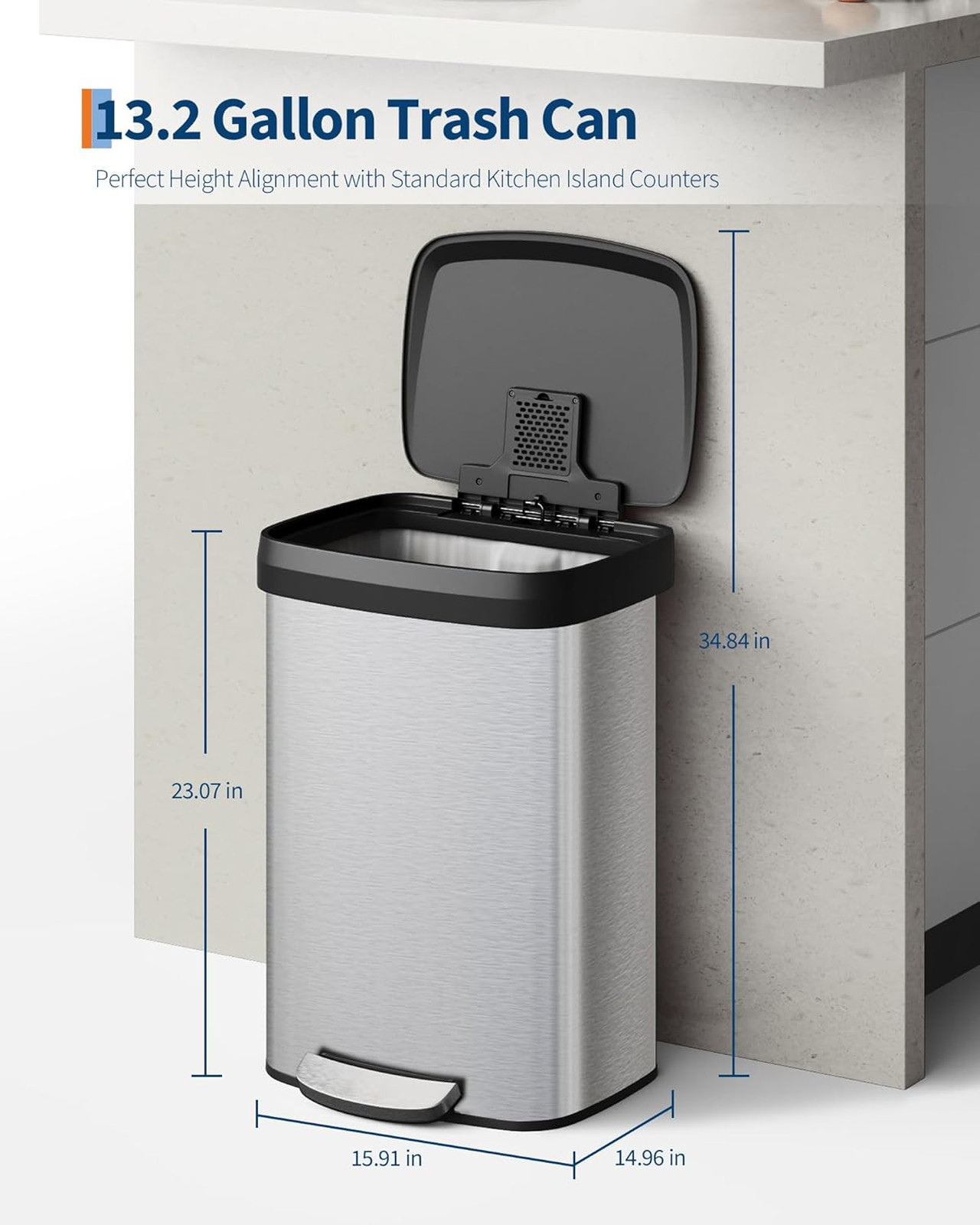 13 Gallon Stainless Steel Kitchen Trash Can with Lid, Rustproof Step-on Garbage