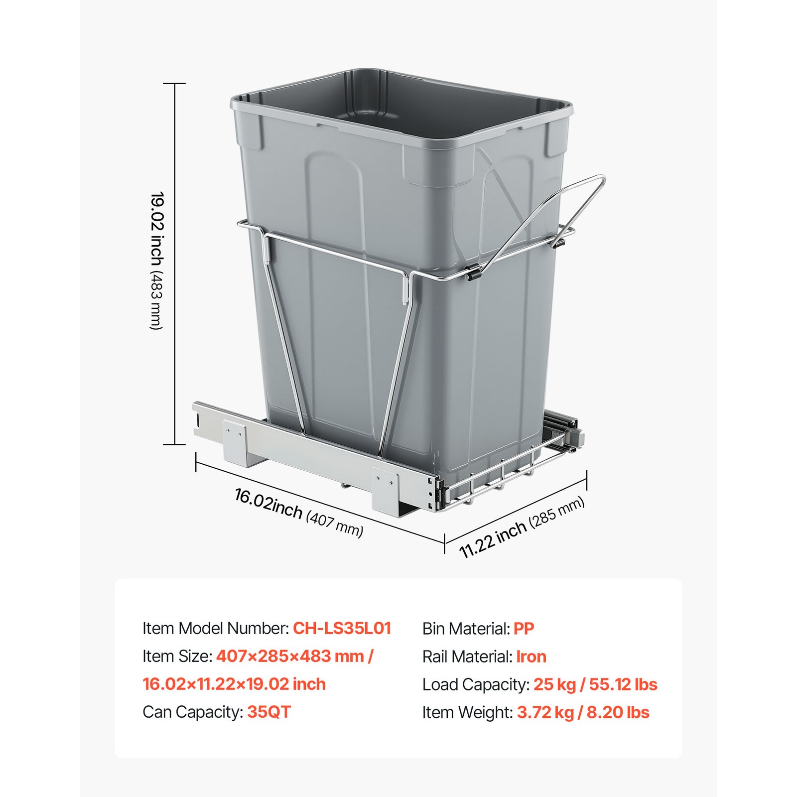 35QT Pullout Waste Container Under Cabinet Kitchen Garbage Bin Trash Can