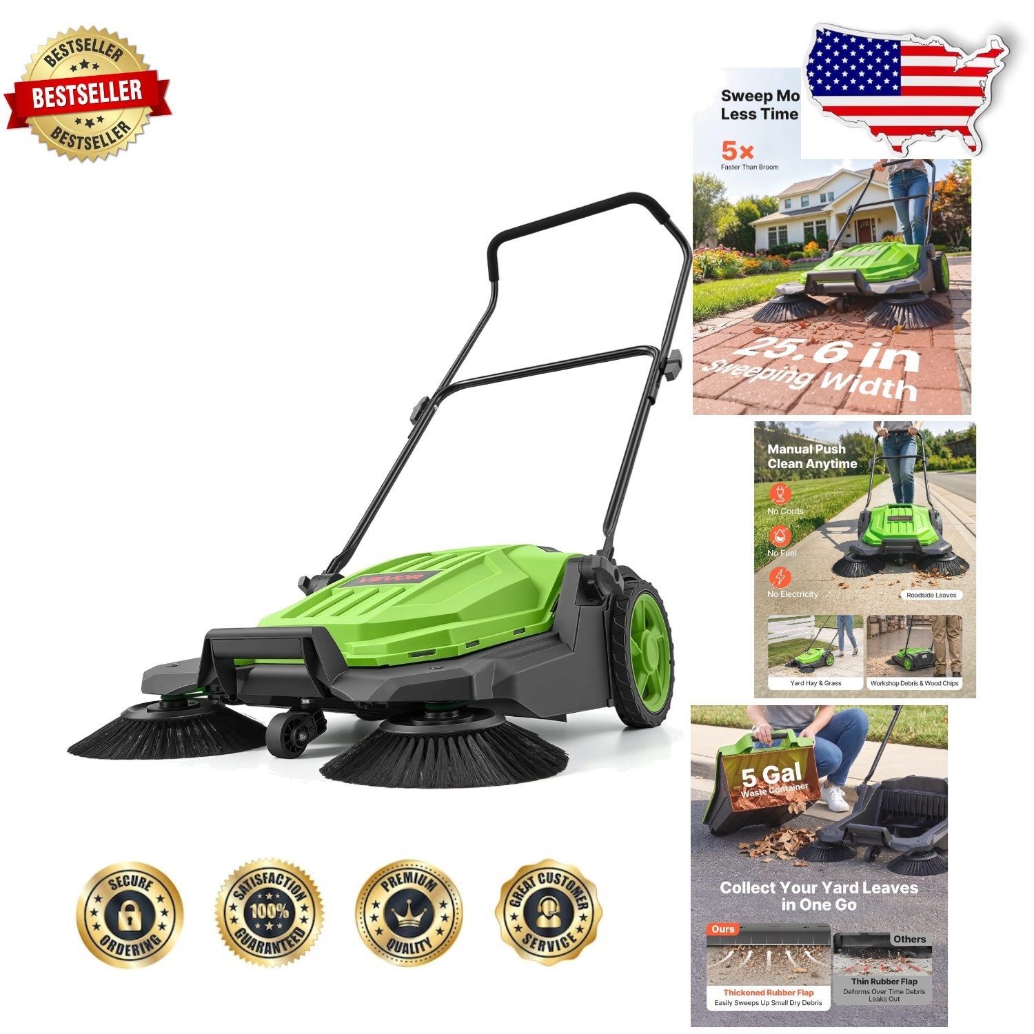 Pro Floor Sweeper, Manual Push, 25.6″ Wide, 5 Gal Bin, Ergonomic Folding Handle