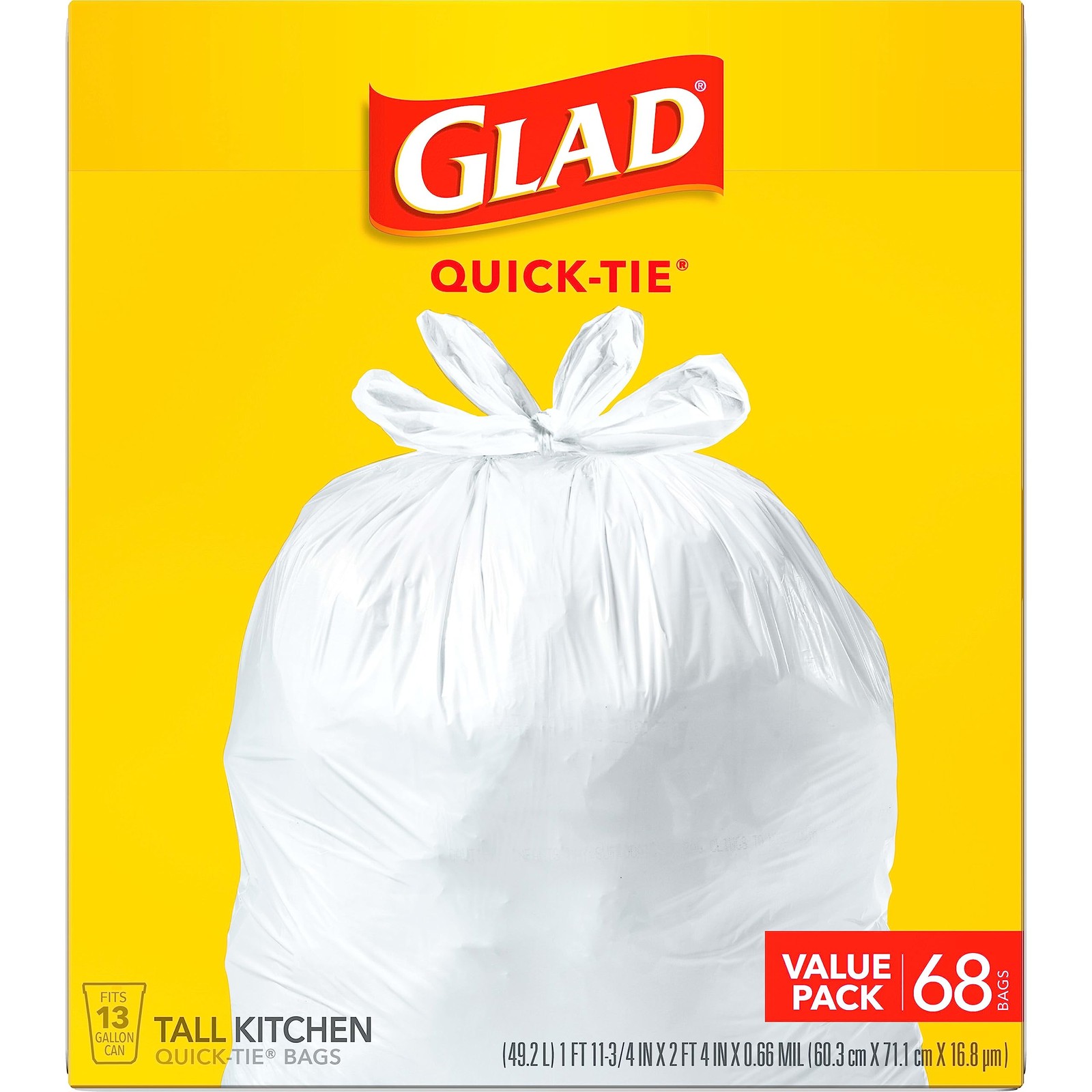 Glad Quick Tie 13 Gallon Tall Kitchen Trash Bags 68 Count Strong & Sturdy