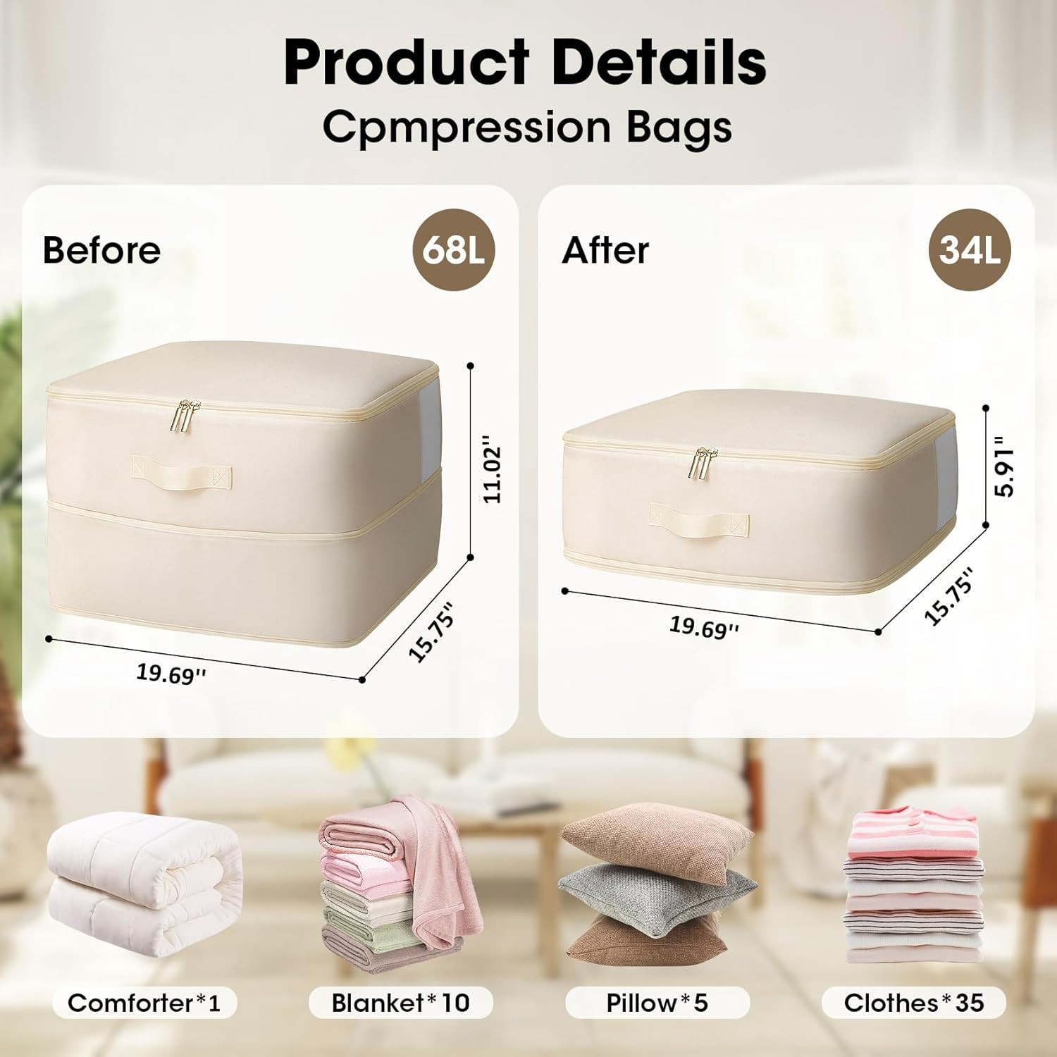 4 Pack Comforter Storage Bag, 68L Blanket Storage Bags Self Compression Comforte