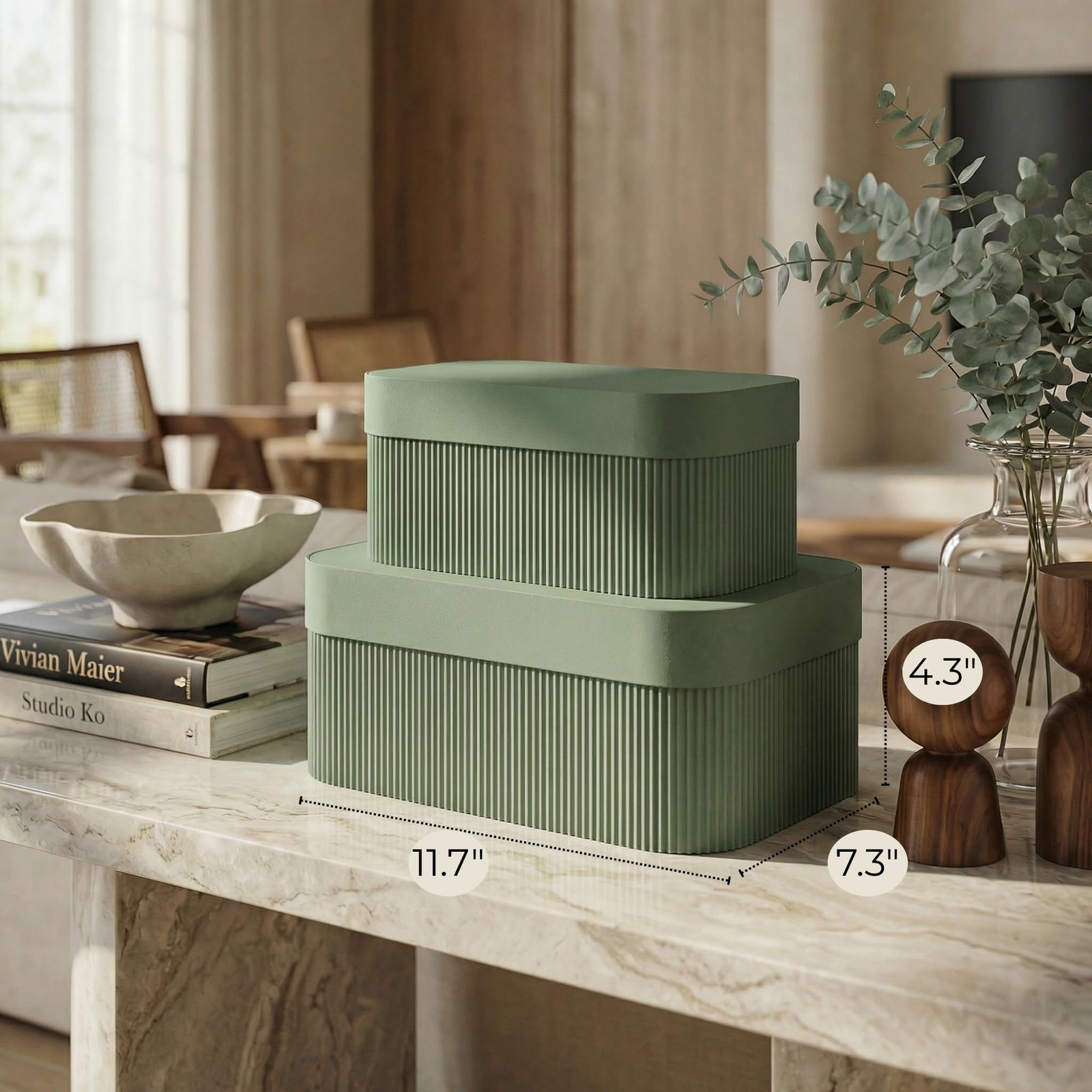 Decorative Storage Boxes with Lids, Set of 2 Fluted Cardboard Organizers