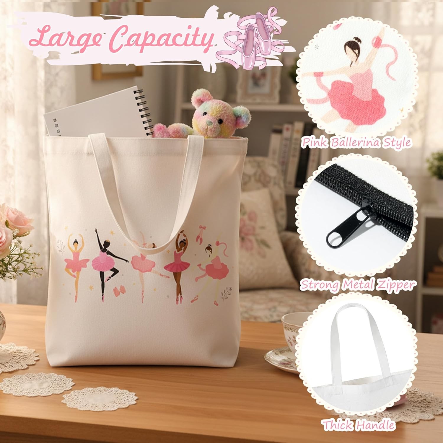 Ballet Canvas Bag Gifts – 2Pcs Ballerina Watercolor Print Canvas Tote Bag Makeup