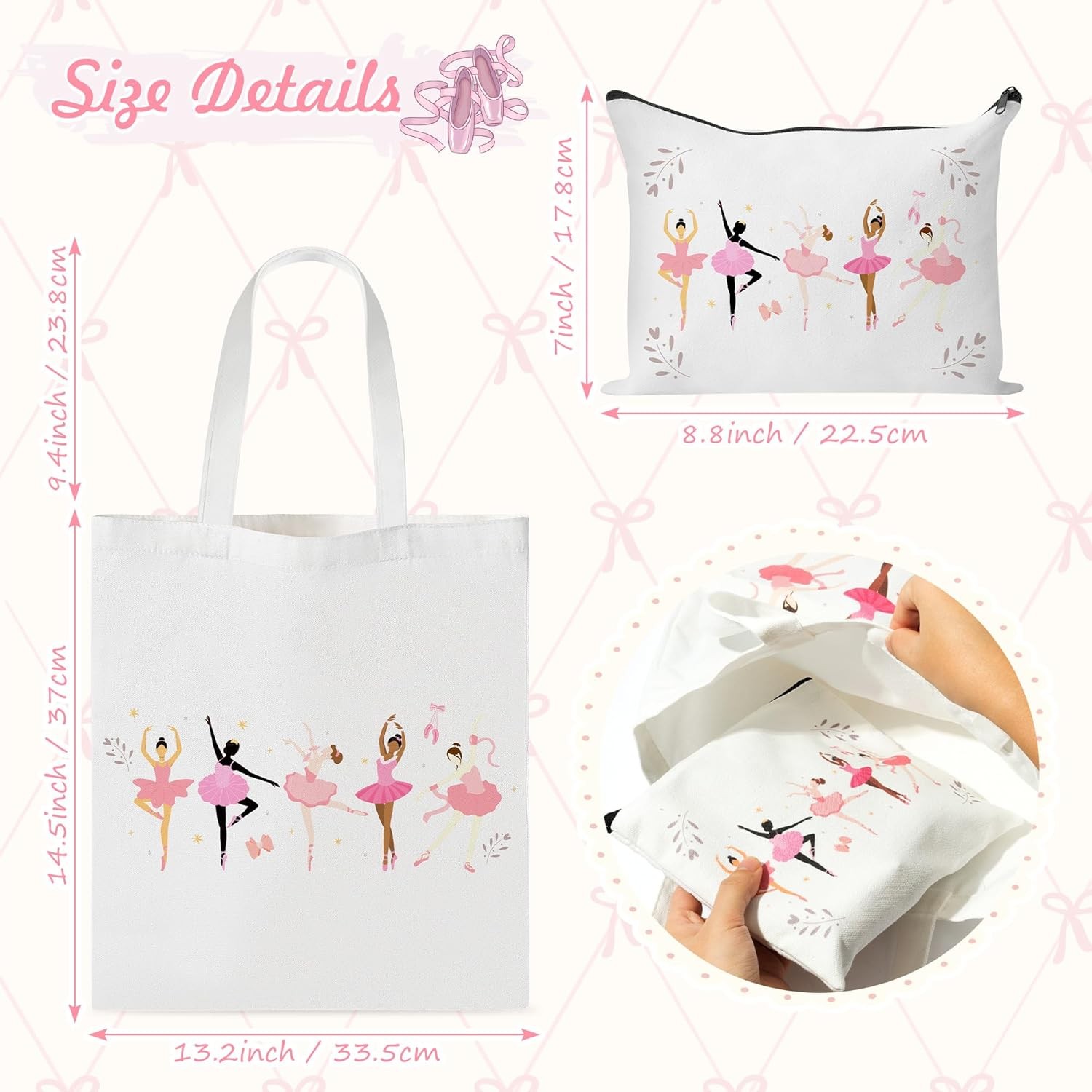 Ballet Canvas Bag Gifts – 2Pcs Ballerina Watercolor Print Canvas Tote Bag Makeup