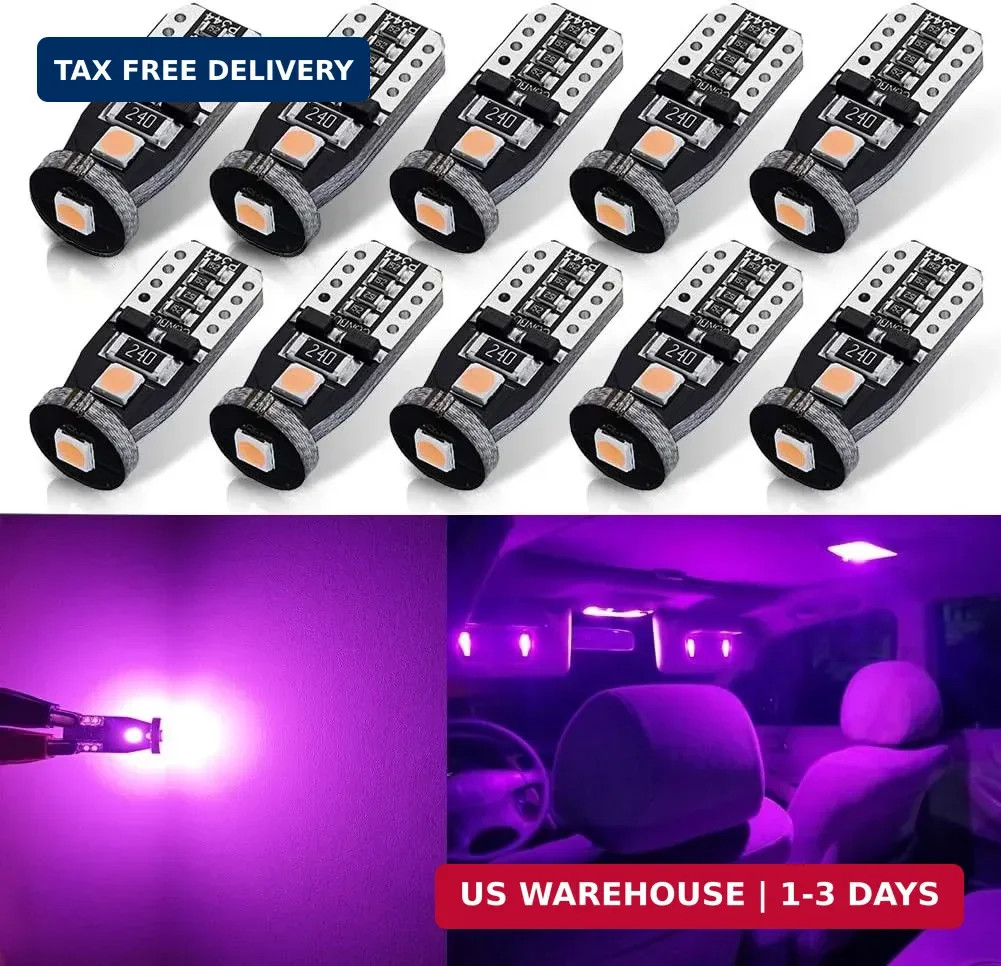 10pcs Error Free 194 168 175 2825 W5W T10 LED Bulbs Purple Super