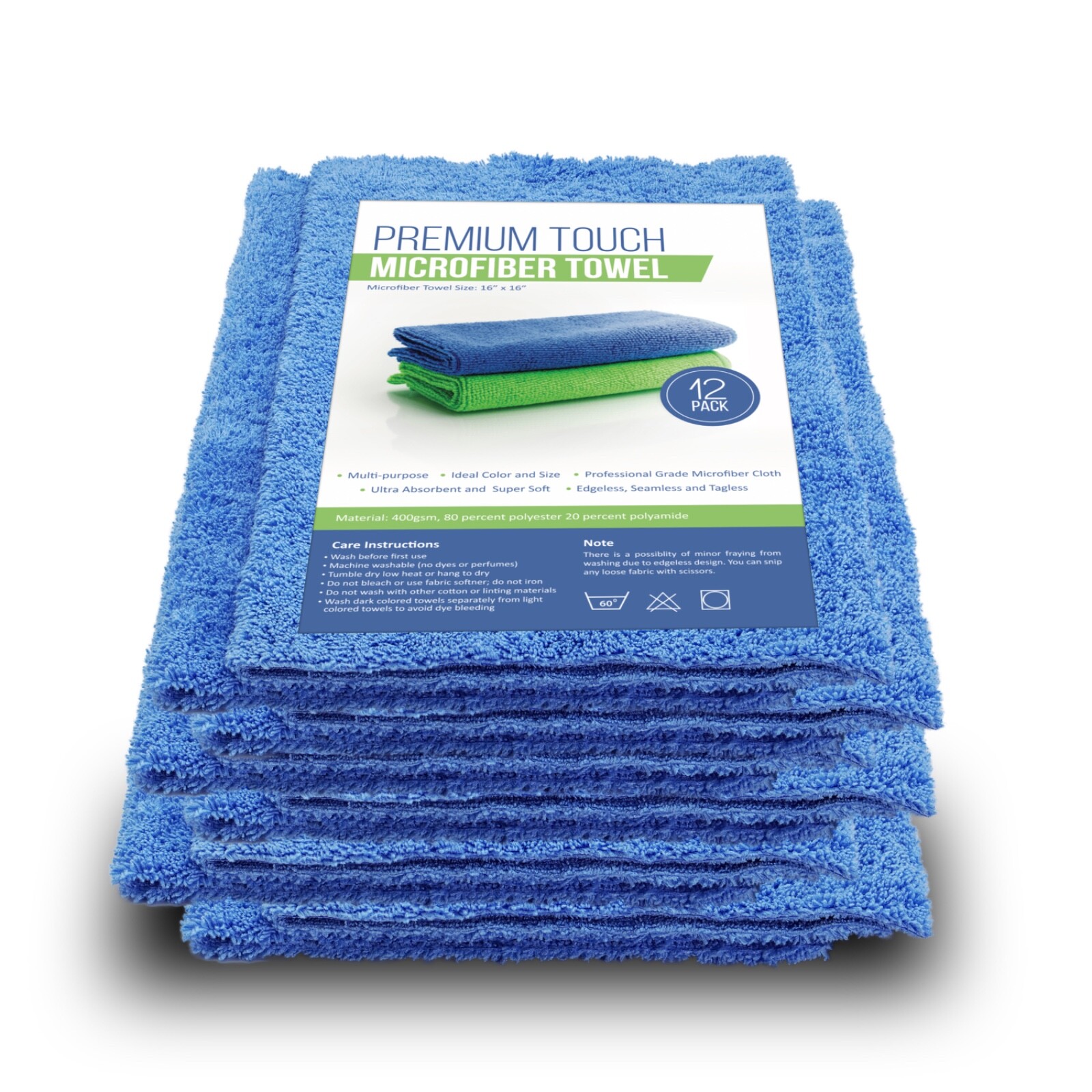 Microfiber Towels – 16×16 in. – Edgeless – 400 GSM – Pack of 12 – Scratch Free