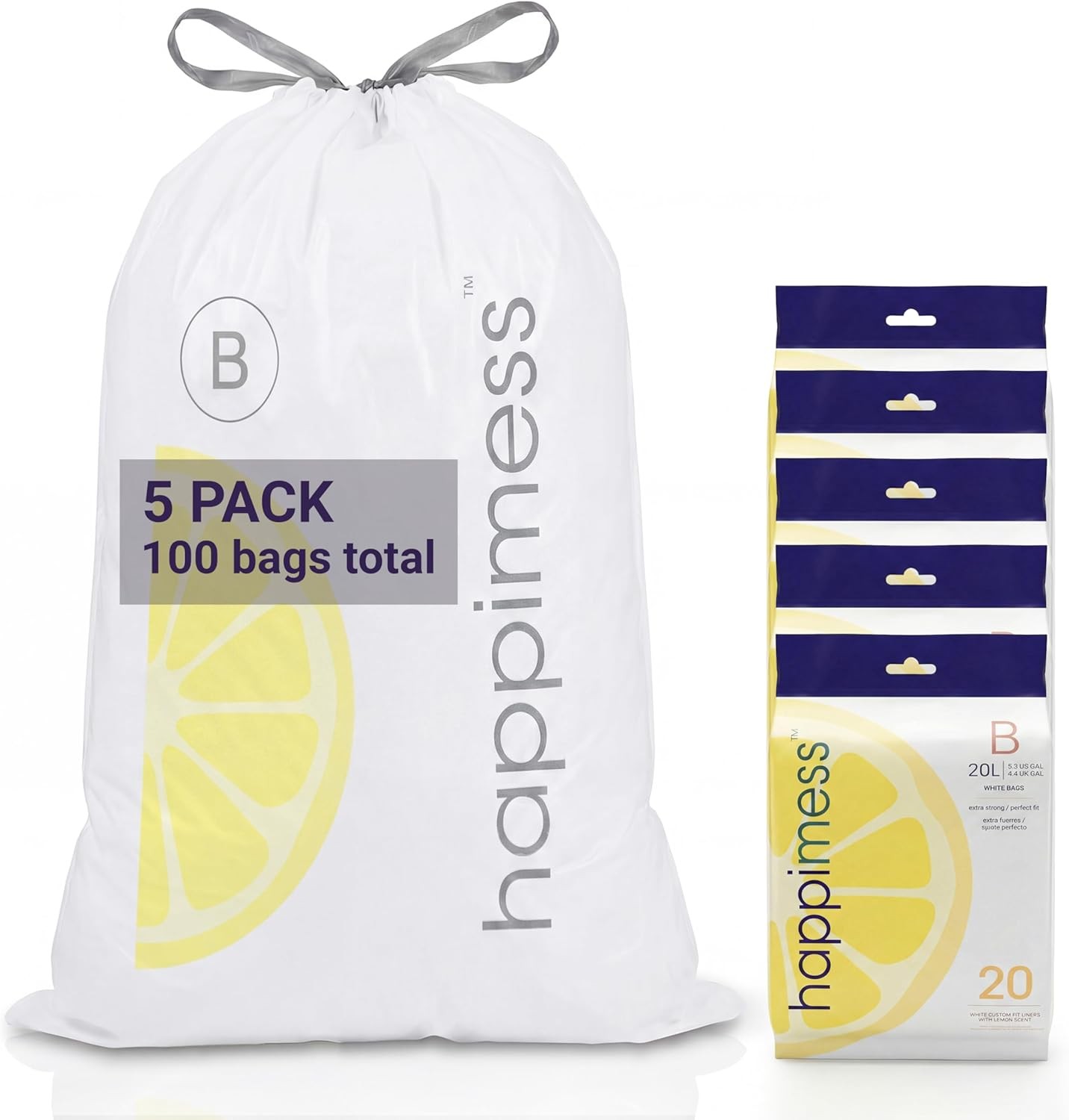 5.3 Gallon (20L) Drawstring Trash Bags, Lemon Scent, White, Heavy Duty MDPE