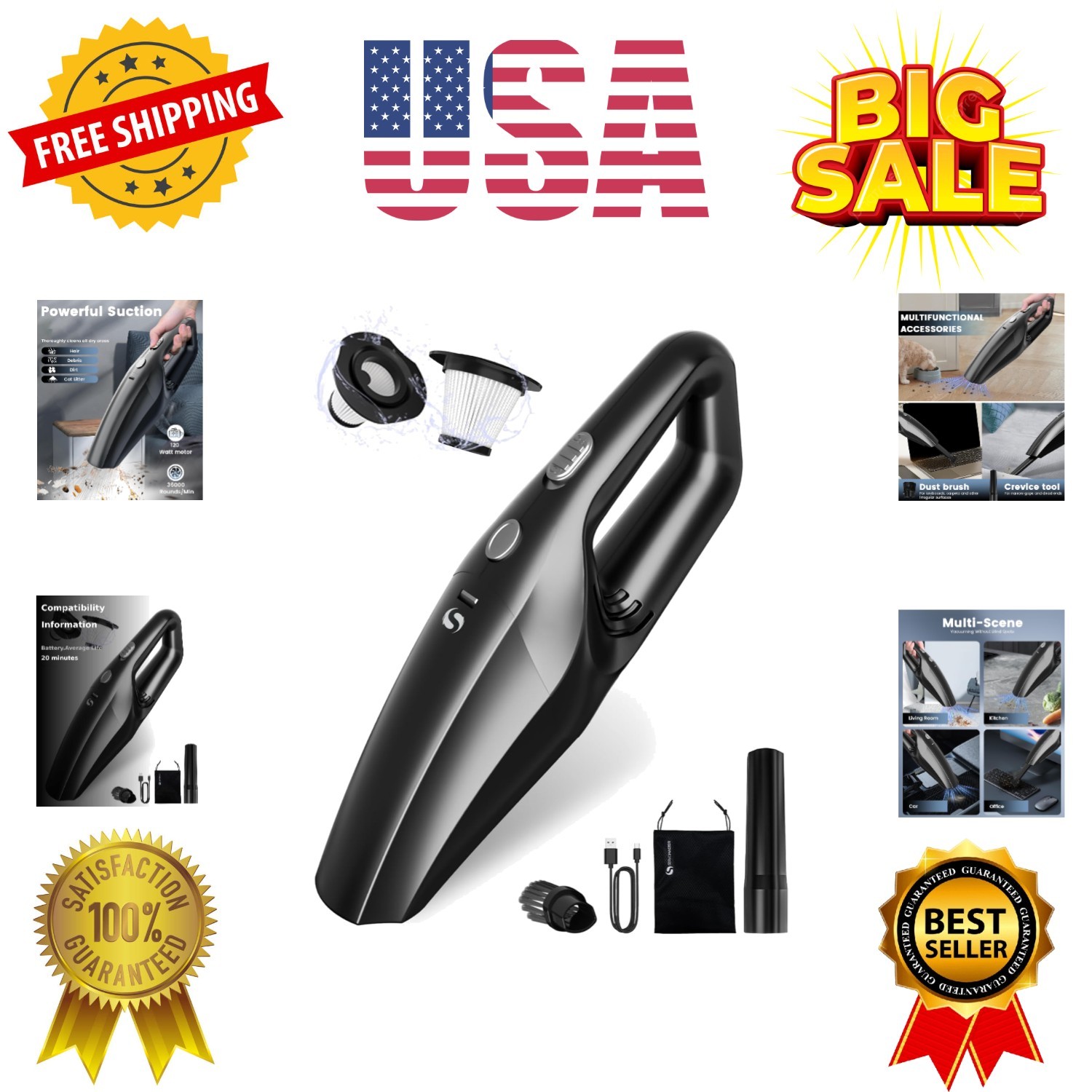 Handheld Vacuum Cordless, Car Vacuums Powerful with Rechargeable Battery, Por…