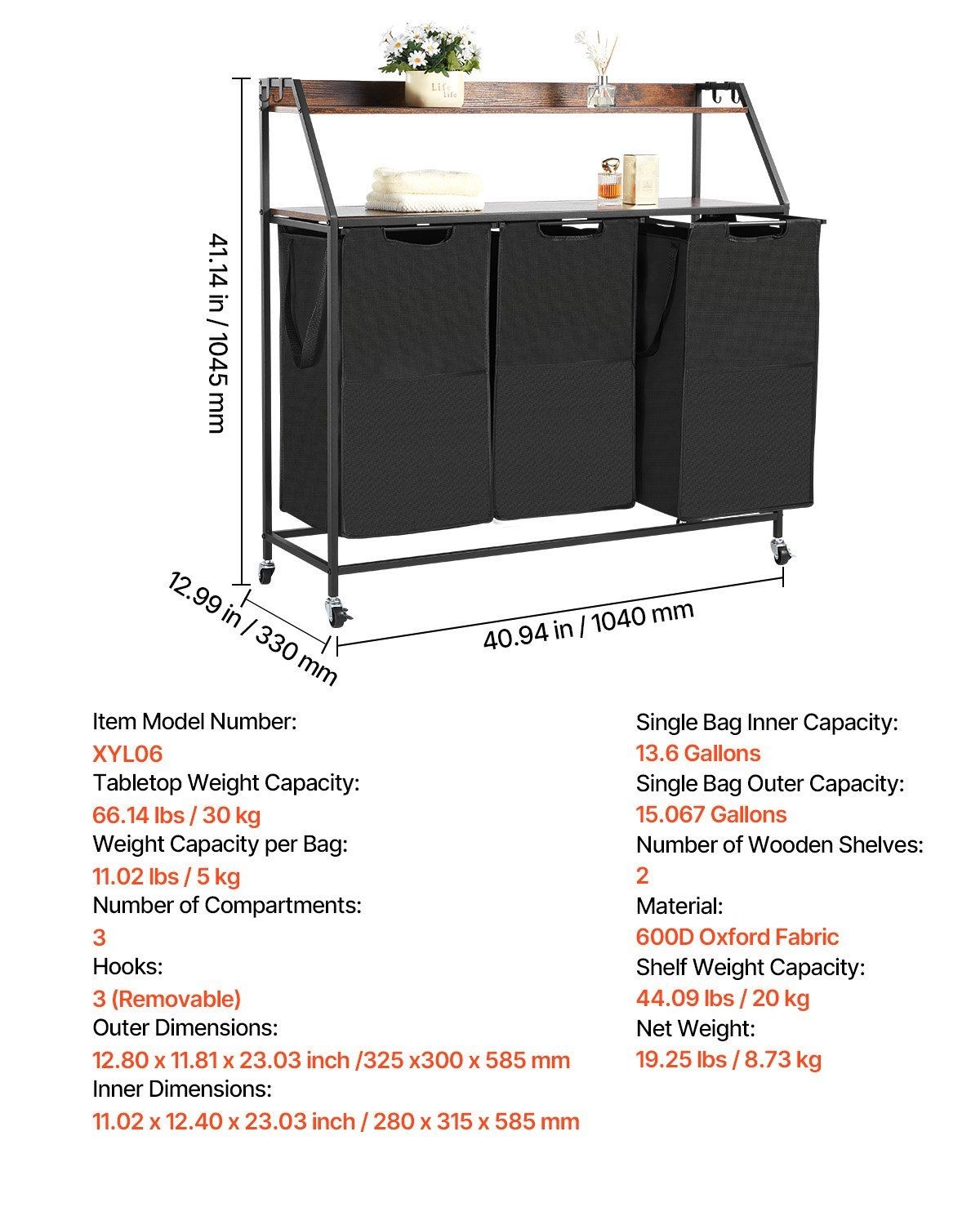 2-Tier 3-Section 600D Oxford Cloth Laundry Sorter with Metal Frame & Wooden Top