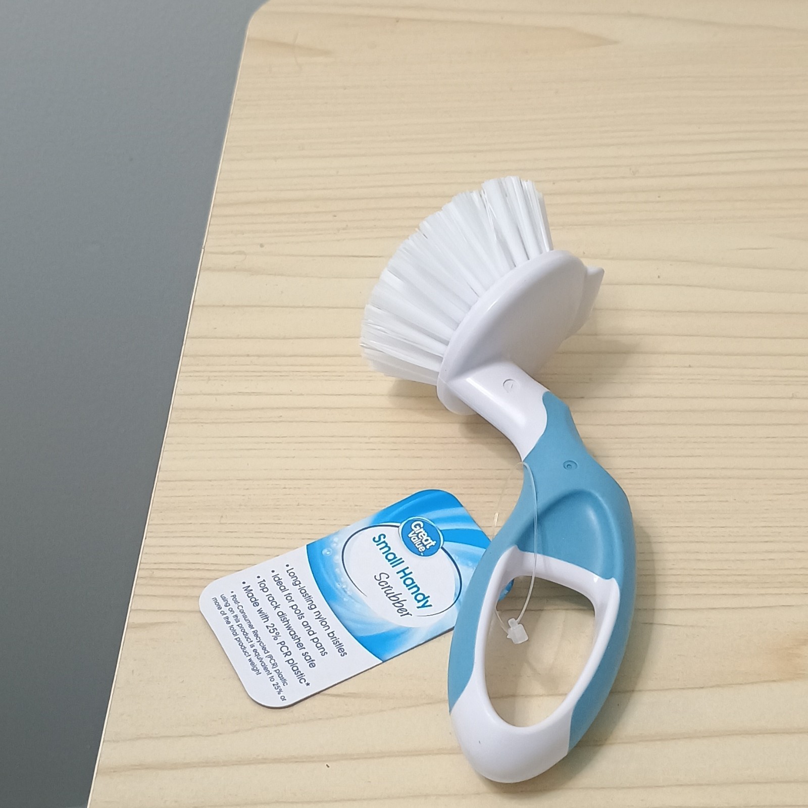 Great Value Small Handy Scrubber Brush Nylon Bristles Blue/White Dishwasher Safe