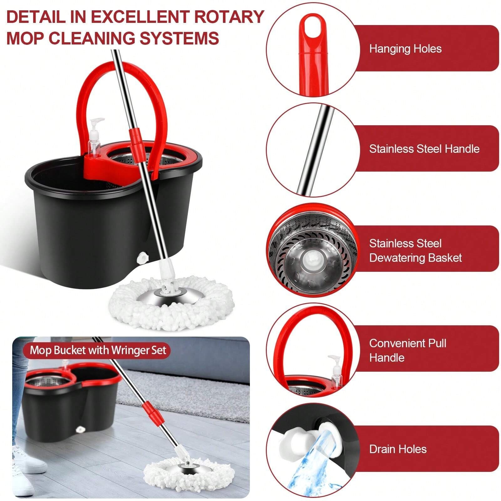 Spin Mop Bucket Wringer Set 3 Microfiber Heads 61 Stainless Steel Handle Black