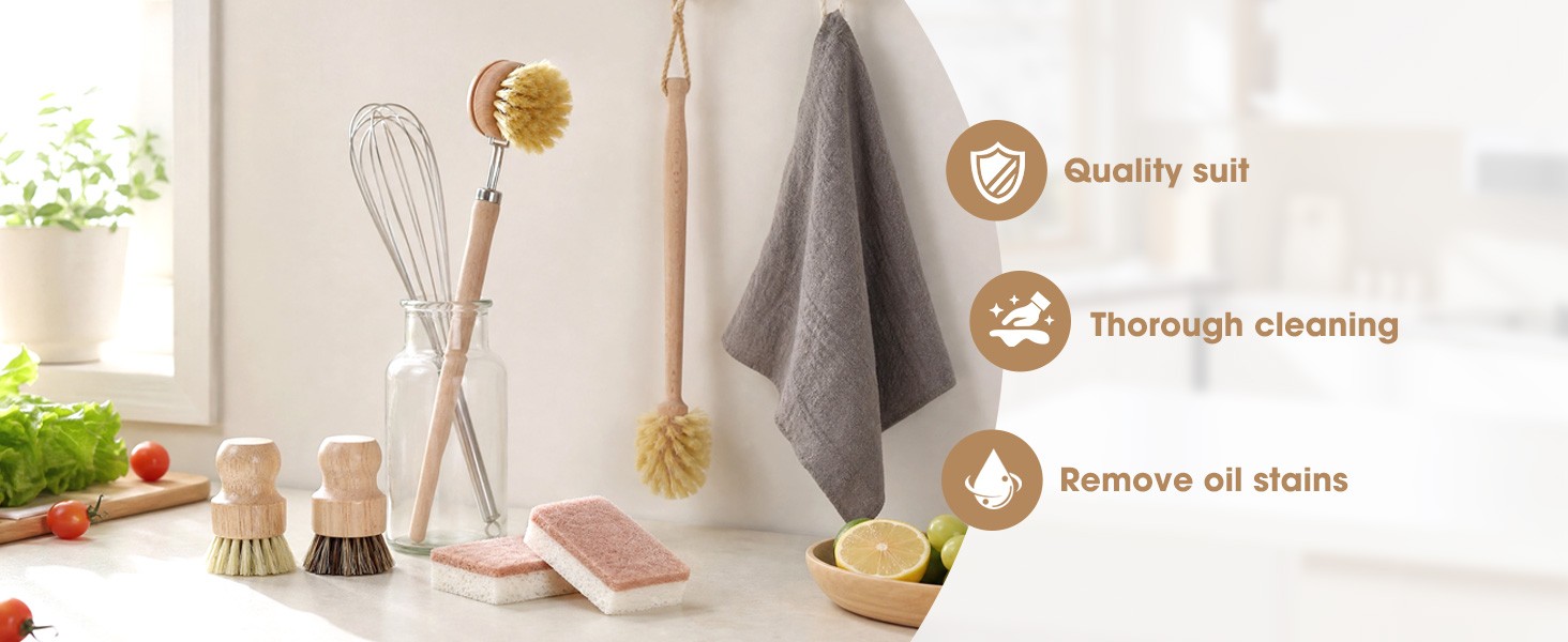 6 Pack Bamboo Dish Brush & Sponge Set, Wooden Handle Kitchen Scrub Brushes with