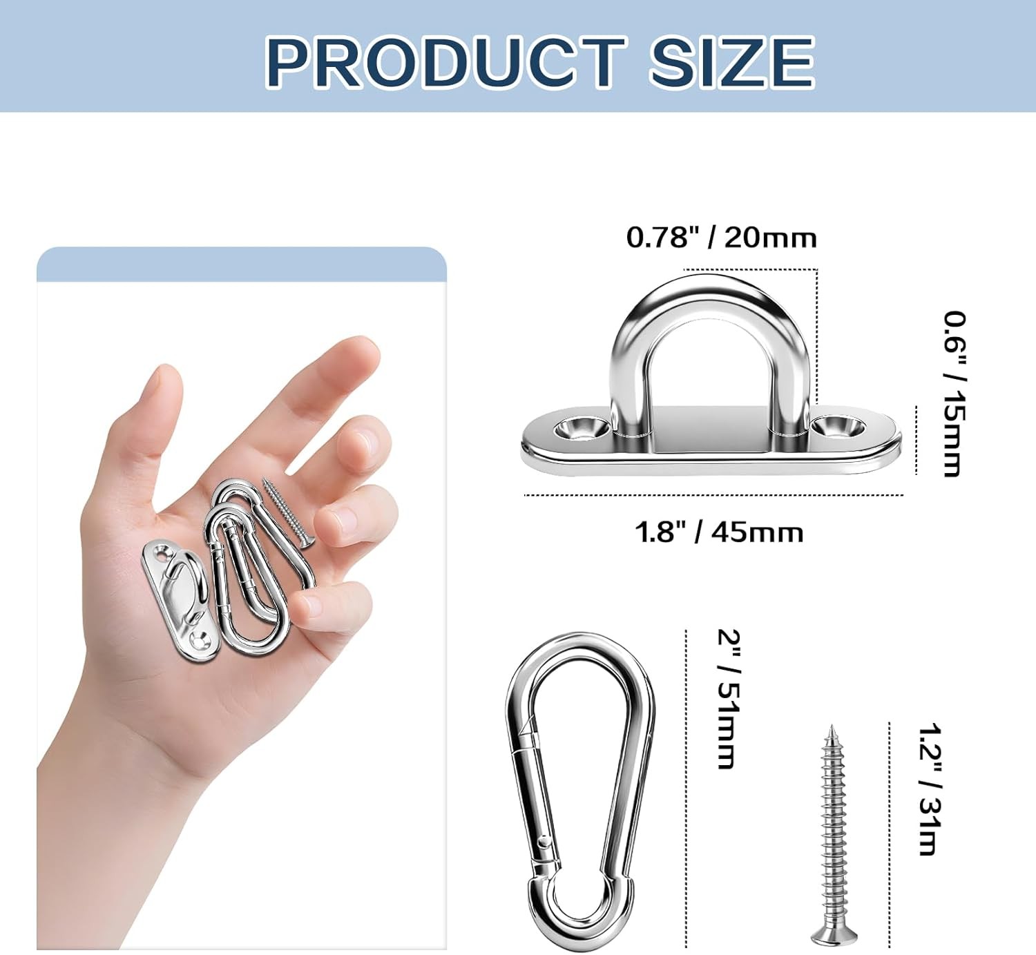 6Set Stainless Steel Pad Eye Hook M5 Ceiling Hanger Snap Hook U Loop Marine 1.8″