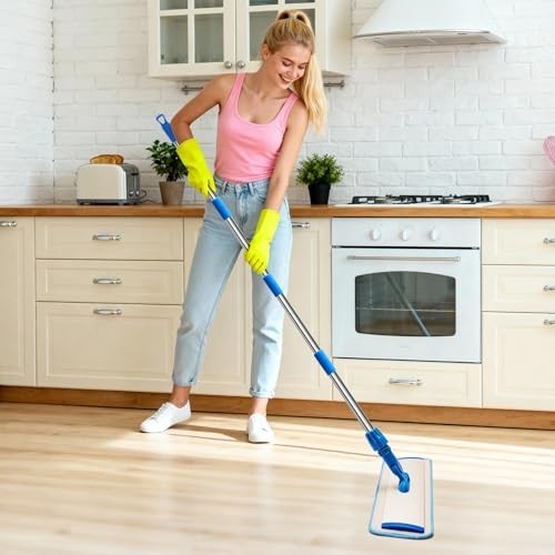 18″ Microfiber Flat Mop with Stainless Steel Handle, 360° Spin, 2 Washable Pads