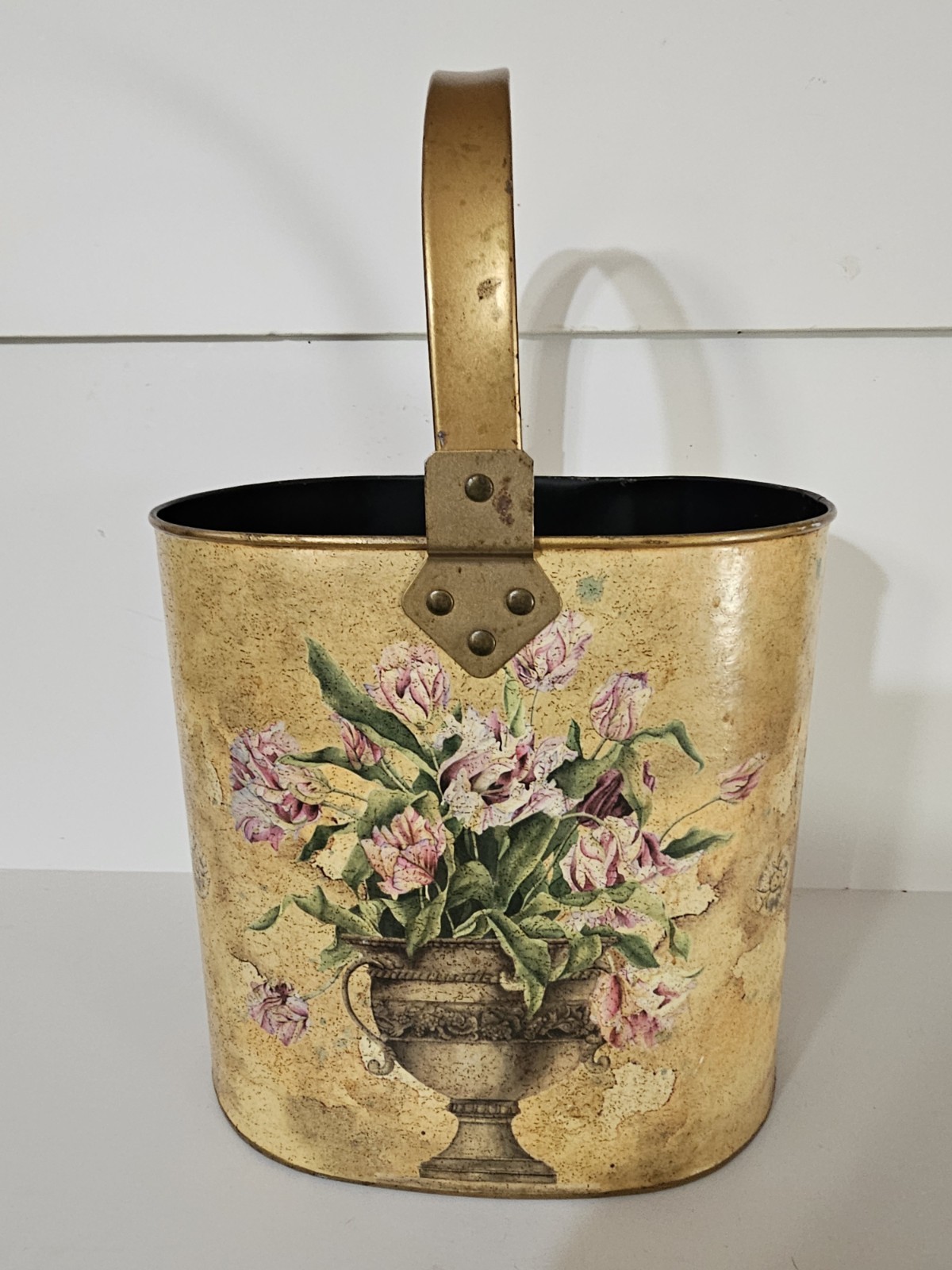 Waste Basket Metal Bucket Distressed Yellow Floral