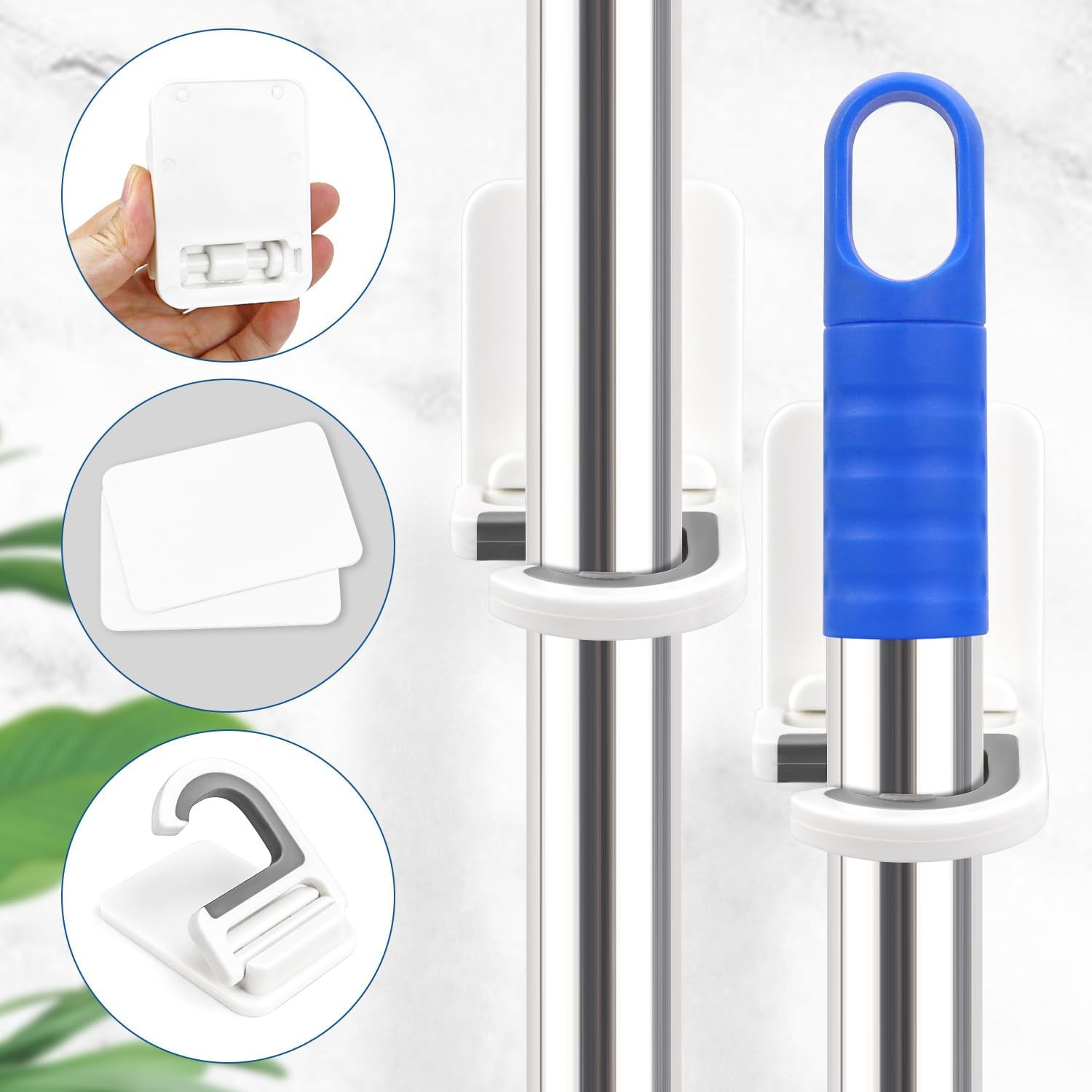 4-Pack Wall Mount Mop & Broom Holder Self-Adhesive Anti-Slip Storage Hooks