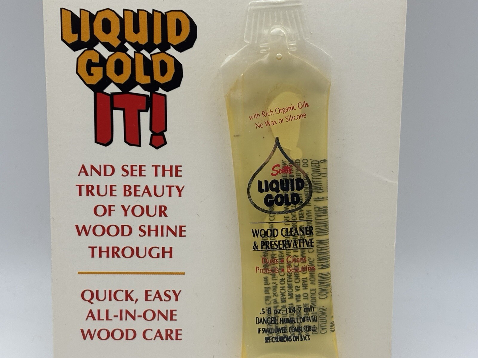 Vintage Scott’s Liquid Gold Salesman Sample 0.5 Oz Cardback New Unused Wood