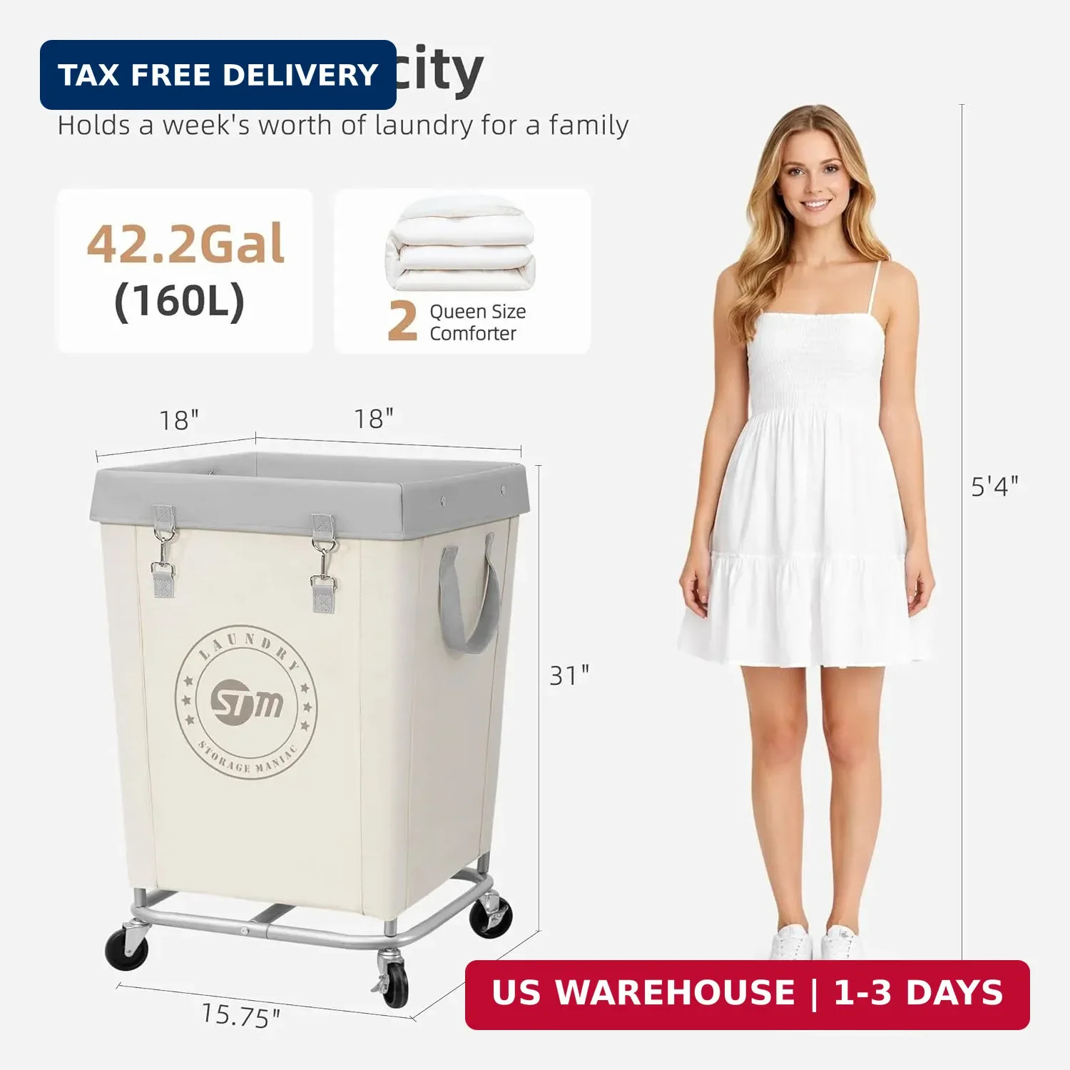 Commercial Laundry Hamper with Heavy Duty Steel Frame, 160 L Industrial Laundry