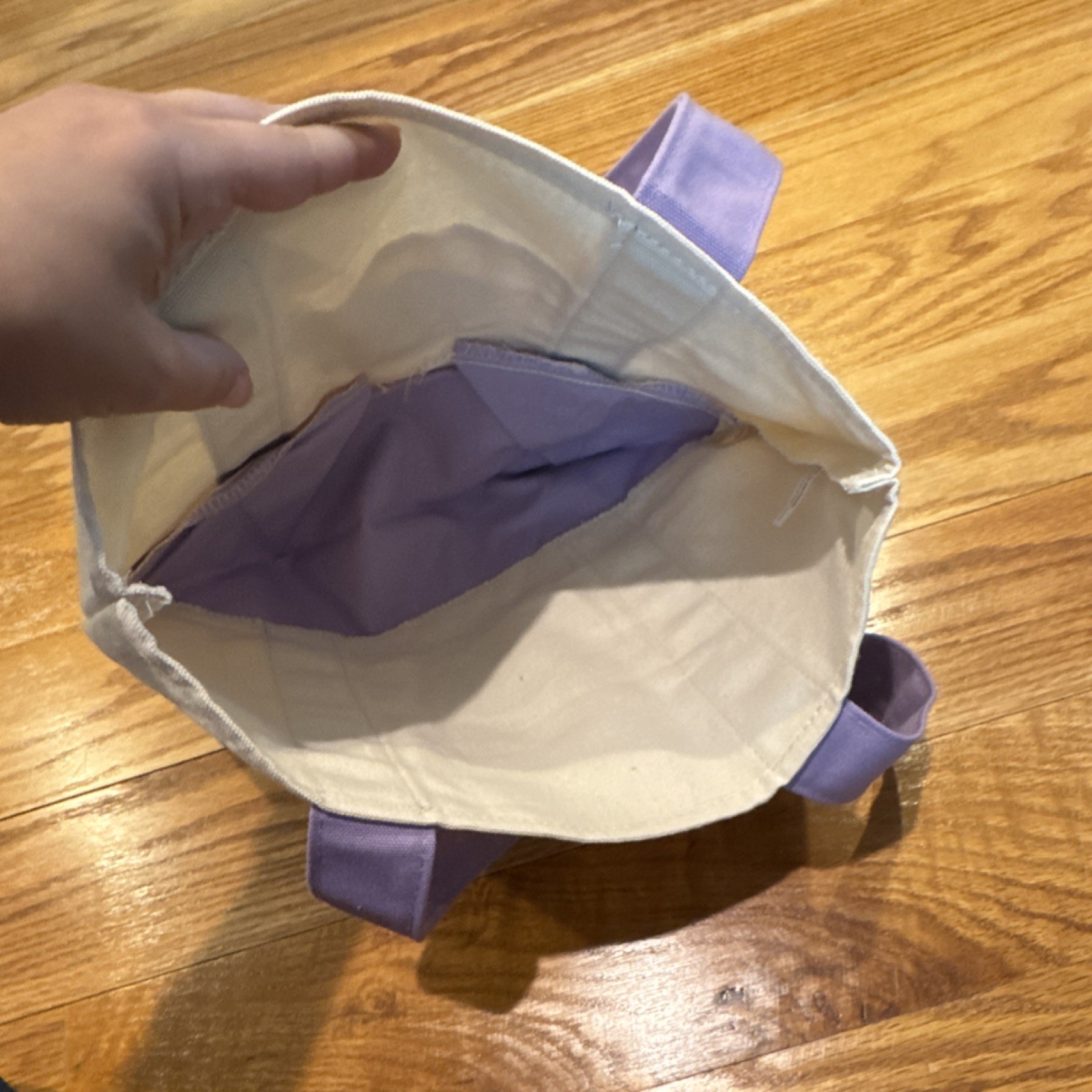 Trader Joe’s Mini Foldable Tote Bag Purple Beige Cotton Polyester 13x6x11 in