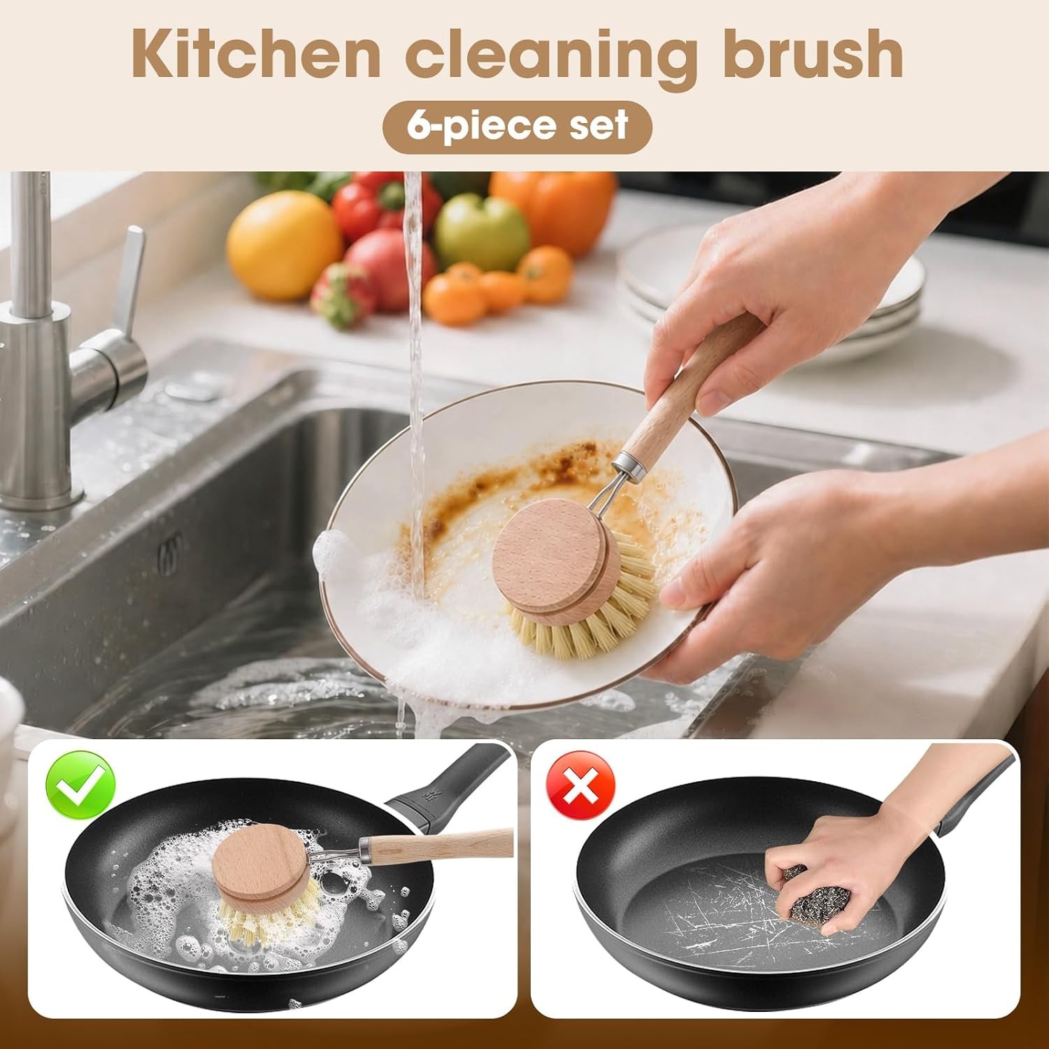 6 Pack Bamboo Dish Brush & Sponge Set, Wooden Handle Kitchen Scrub Brushes with
