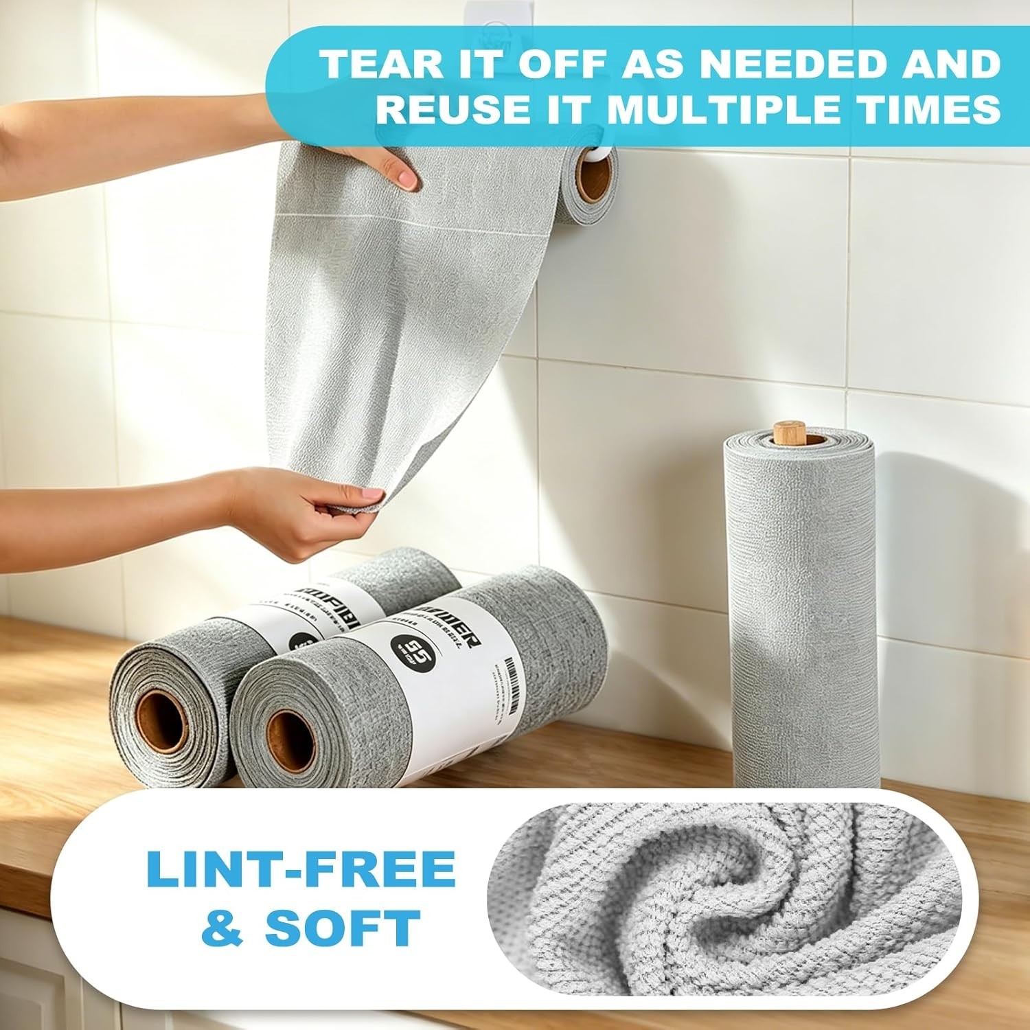 55 Pack Microfiber Cleaning Cloth Roll, Tear Away Reusable Paper Towels, 11″ …
