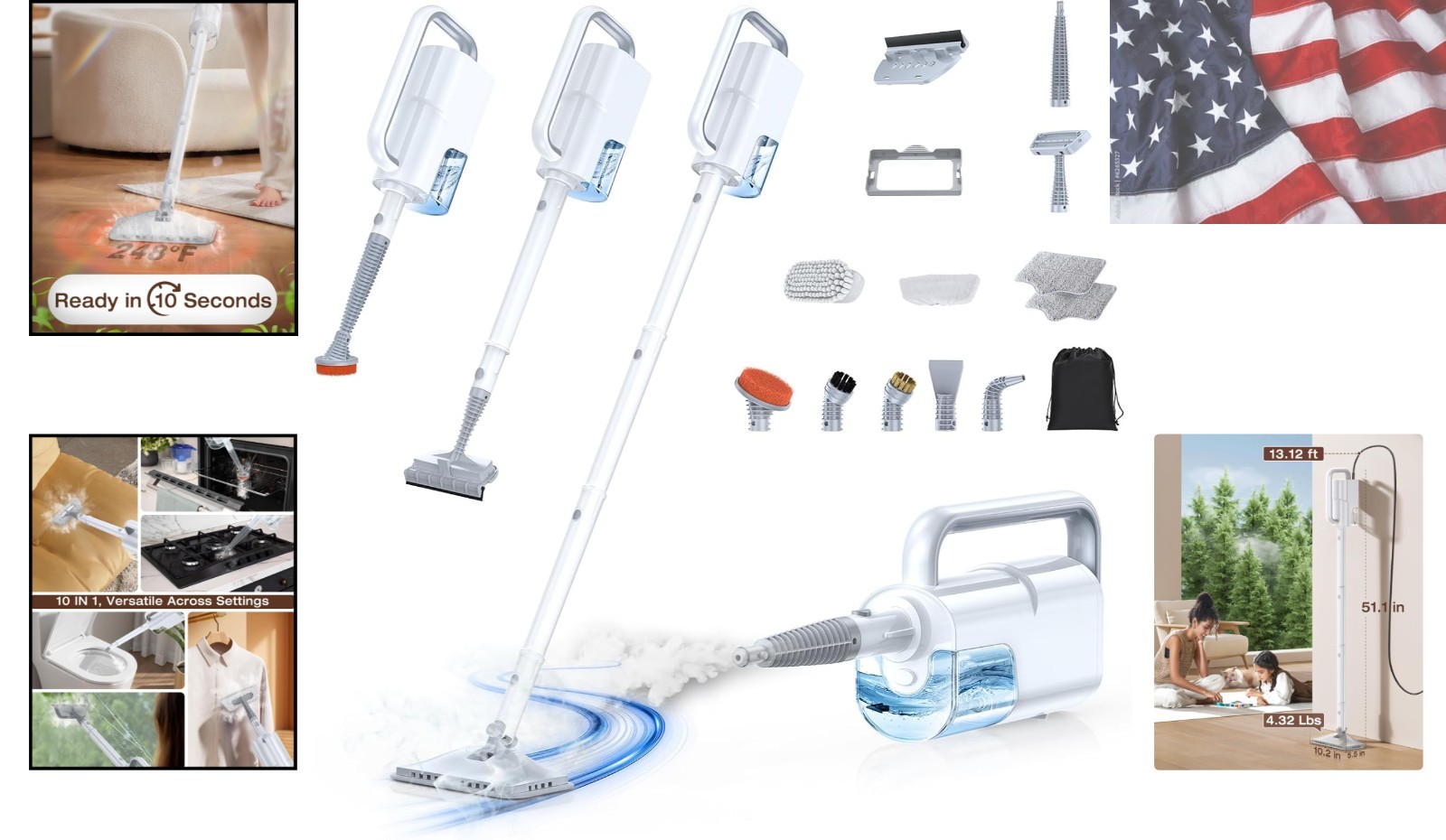 10-in-1 Steam Mop with Detachable Handheld Steamer,350ml Tank, 10s Heat-Up, 2…